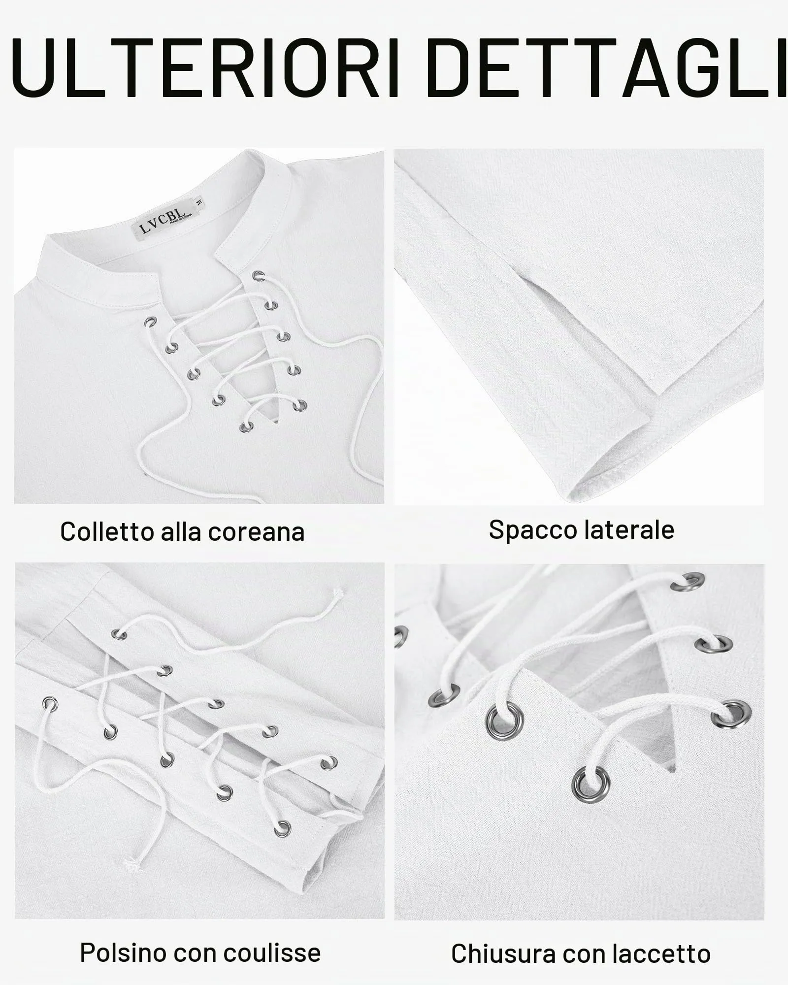 LVCBL Camicia Uomo Medievale in Lino Bianco, Taglia L - immagine 6