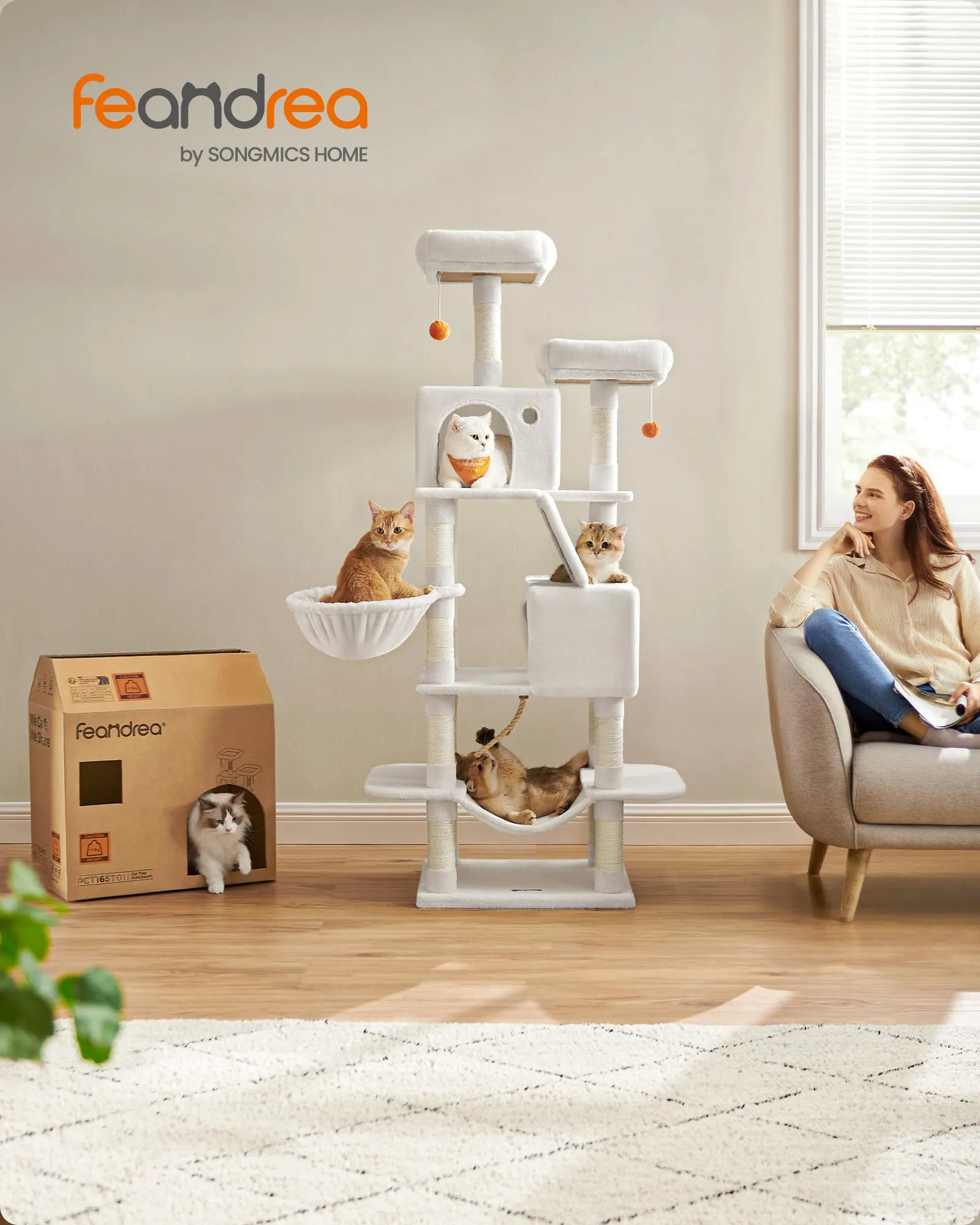 Feandrea Albero per Gatti in Peluche a Più Livelli, 168 cm, Bianco Crema - immagine 2