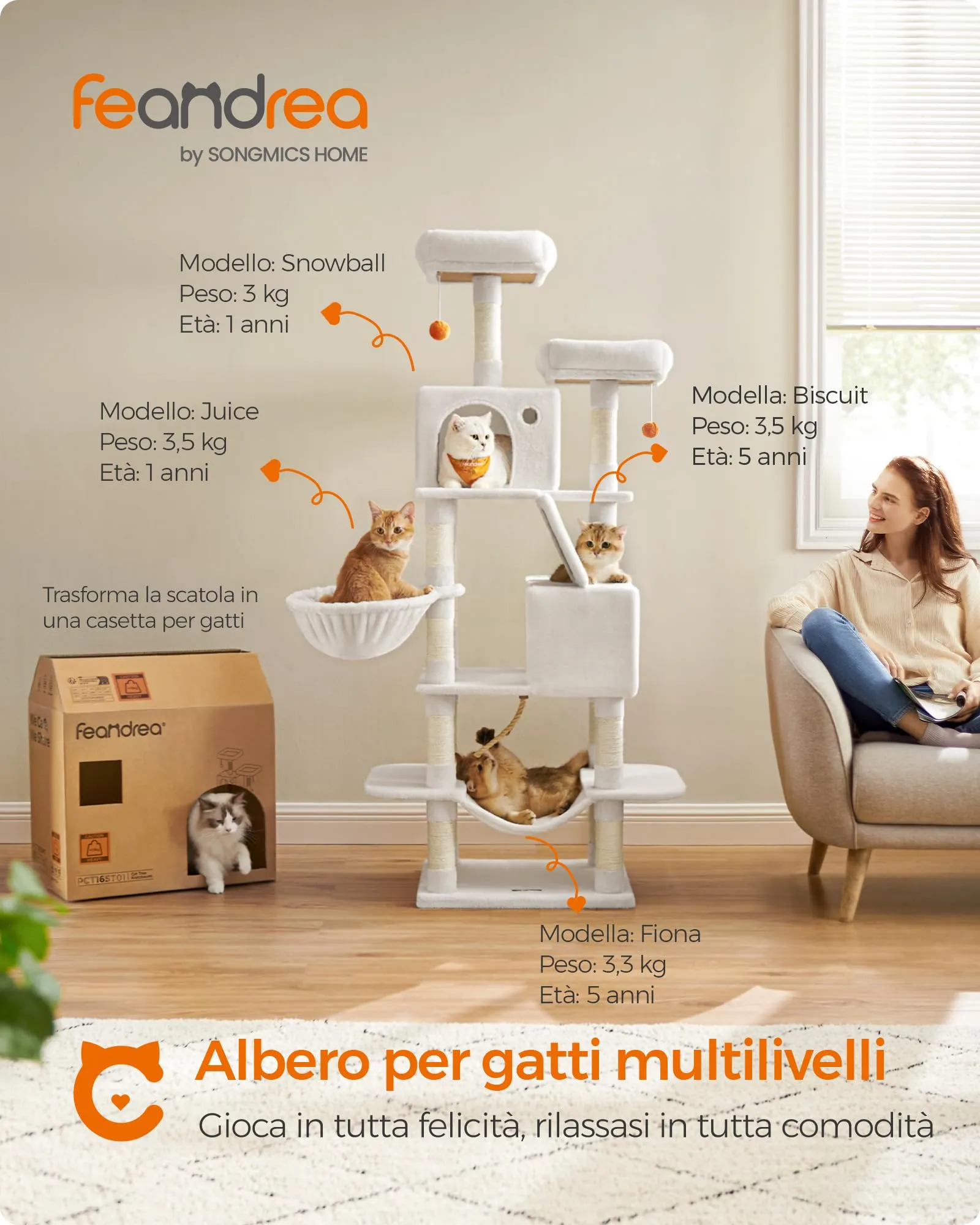 Feandrea Albero per Gatti in Peluche a Più Livelli, 168 cm, Bianco Crema - immagine 3