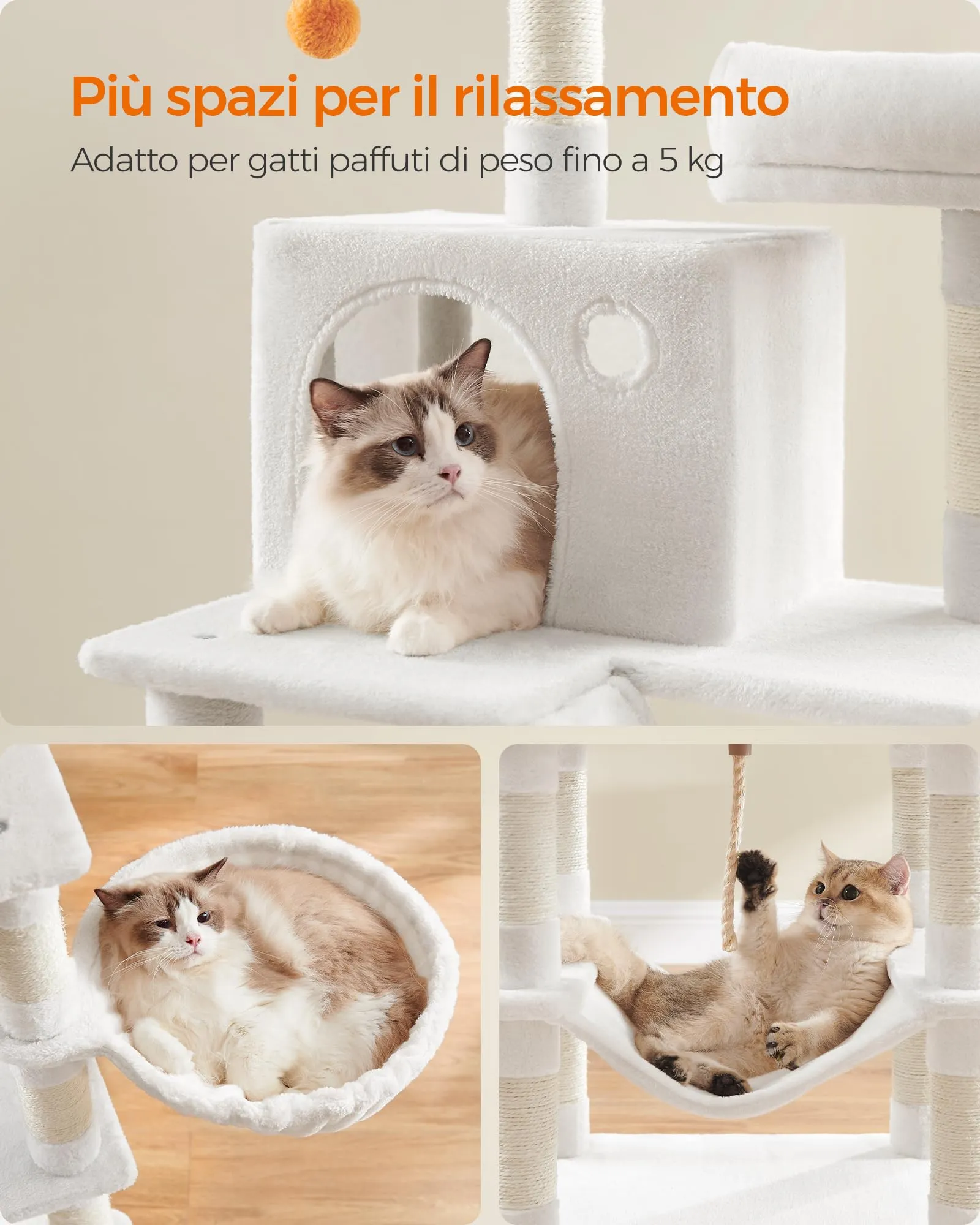 Feandrea Albero per Gatti in Peluche a Più Livelli, 168 cm, Bianco Crema - immagine 5