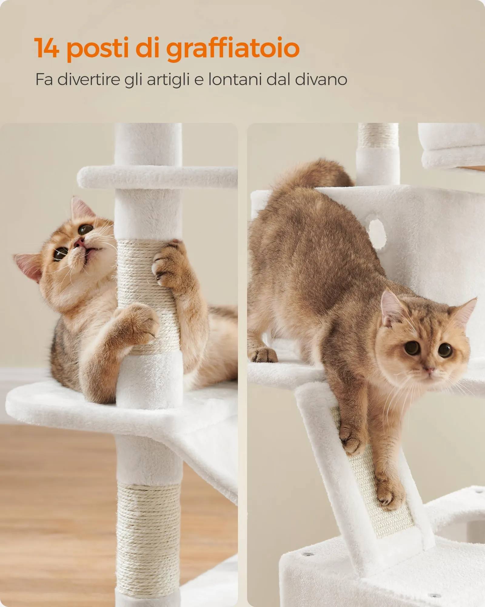 Feandrea Albero per Gatti in Peluche a Più Livelli, 168 cm, Bianco Crema - immagine 6