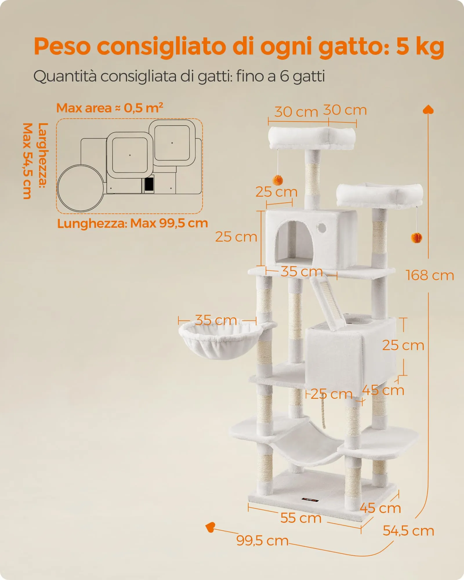 Feandrea Albero per Gatti in Peluche a Più Livelli, 168 cm, Bianco Crema - immagine 7