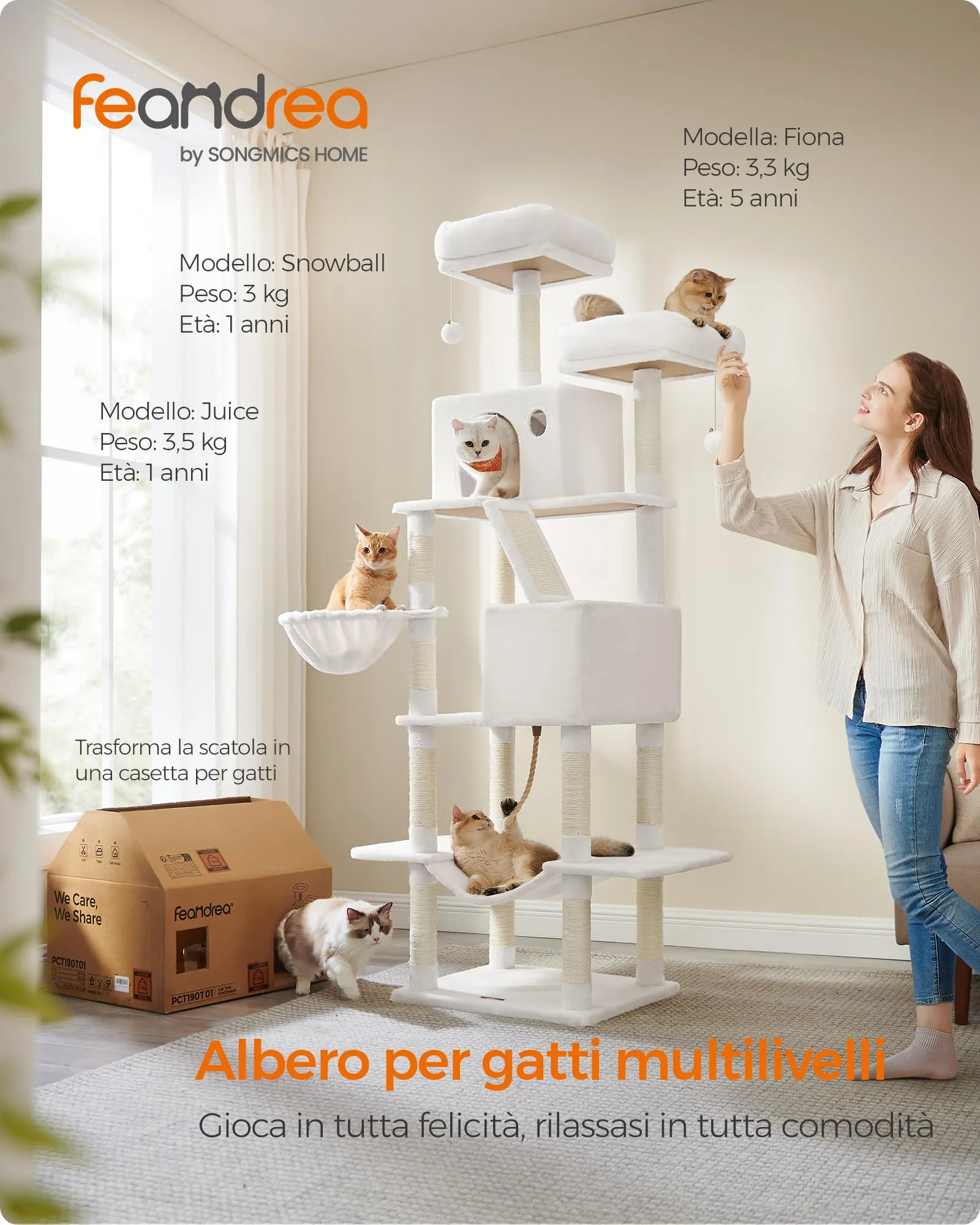 Feandrea Albero per Gatti XXL, 206 cm, con 13 Graffiatoi, 2 Posatoi, 2 Grotte, Cesto e Pompon, Bianco Crema PCT190T01 - immagine 2