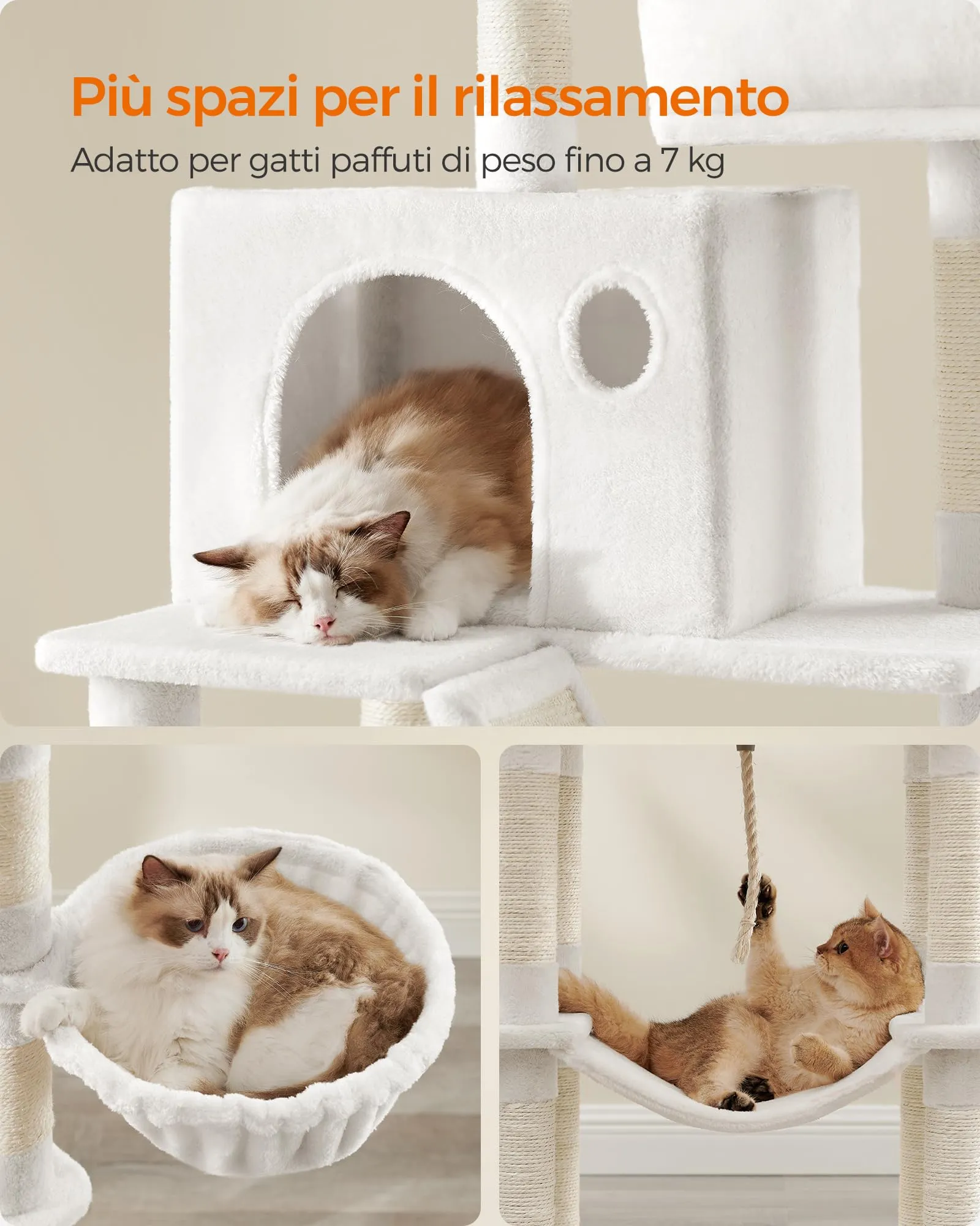 Feandrea Albero per Gatti XXL, 206 cm, con 13 Graffiatoi, 2 Posatoi, 2 Grotte, Cesto e Pompon, Bianco Crema PCT190T01 - immagine 4
