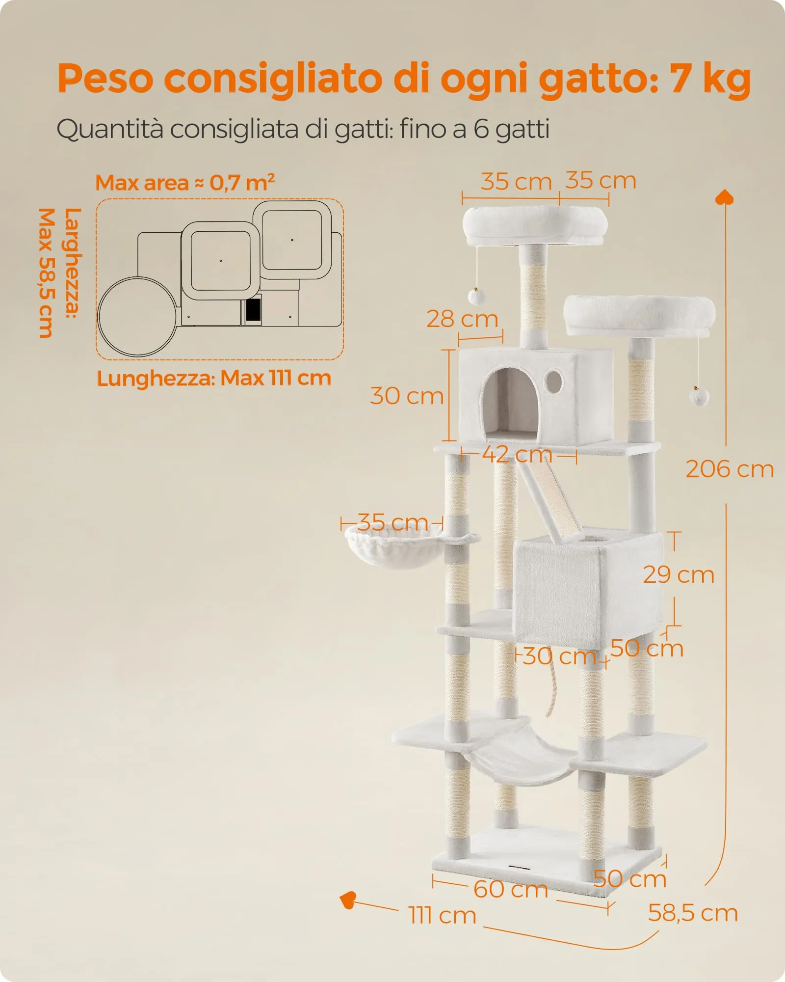 Feandrea Albero per Gatti XXL, 206 cm, con 13 Graffiatoi, 2 Posatoi, 2 Grotte, Cesto e Pompon, Bianco Crema PCT190T01 - immagine 6