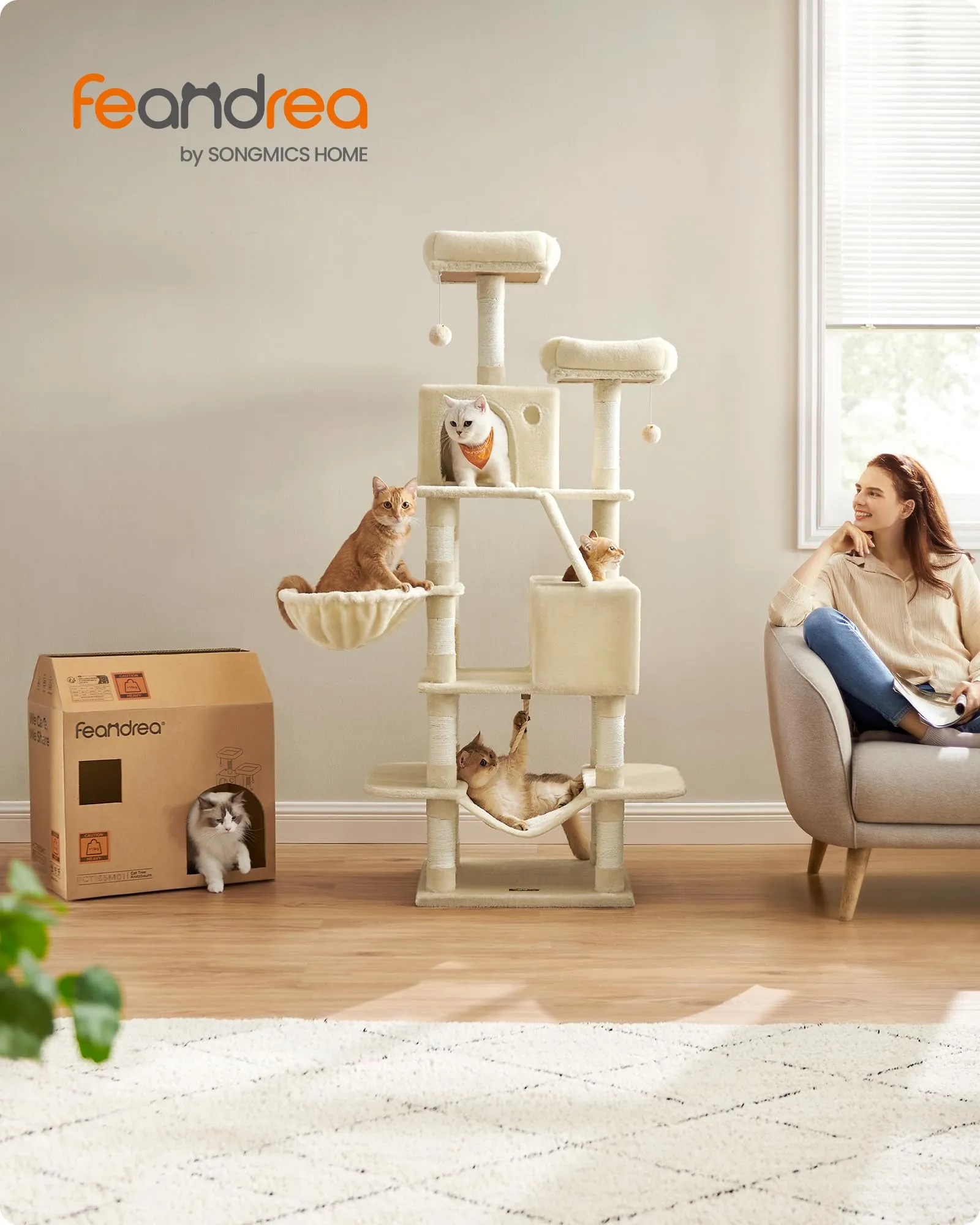 Feandrea Albero per Gatti 168 cm con Tiragraffi, 2 Posatoi, 2 Grotte, Cesto e Amaca, Beige PCT165M01V1 - immagine 2