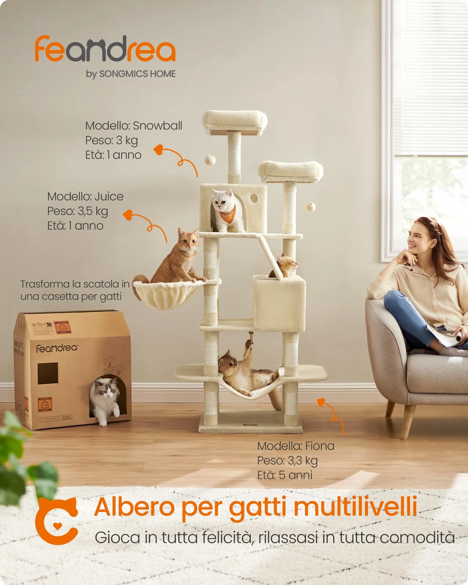 Feandrea Albero per Gatti 168 cm con Tiragraffi, 2 Posatoi, 2 Grotte, Cesto e Amaca, Beige PCT165M01V1 - immagine 3