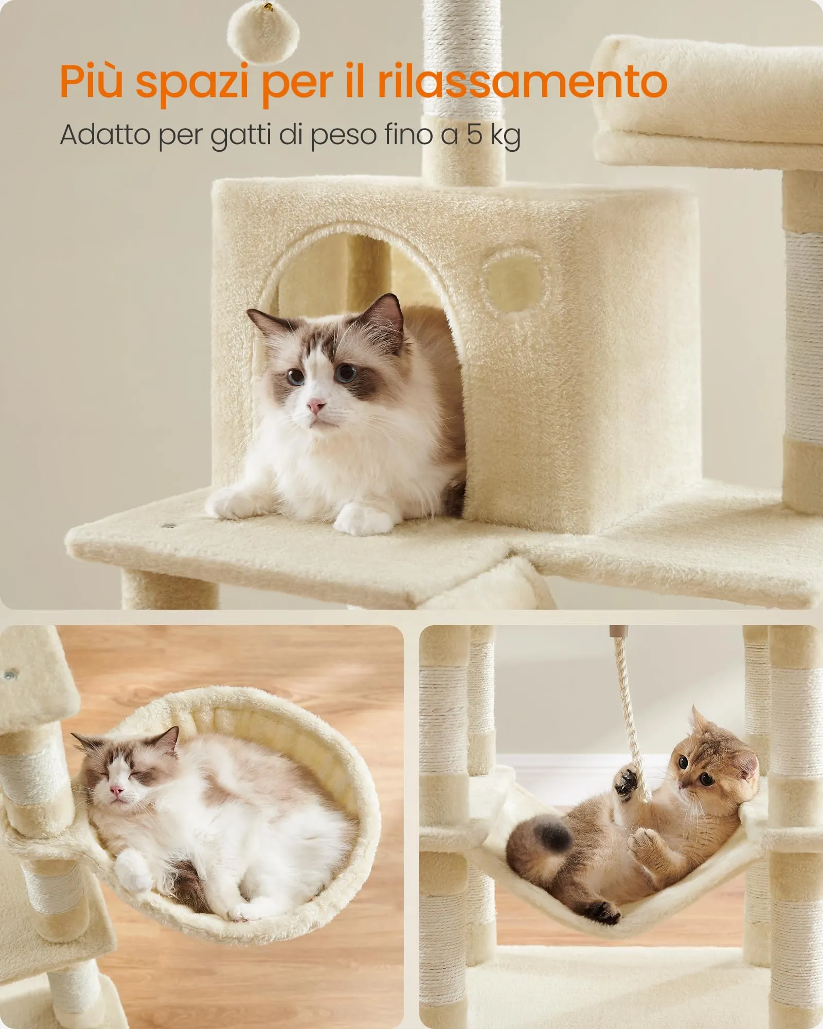 Feandrea Albero per Gatti 168 cm con Tiragraffi, 2 Posatoi, 2 Grotte, Cesto e Amaca, Beige PCT165M01V1 - immagine 5