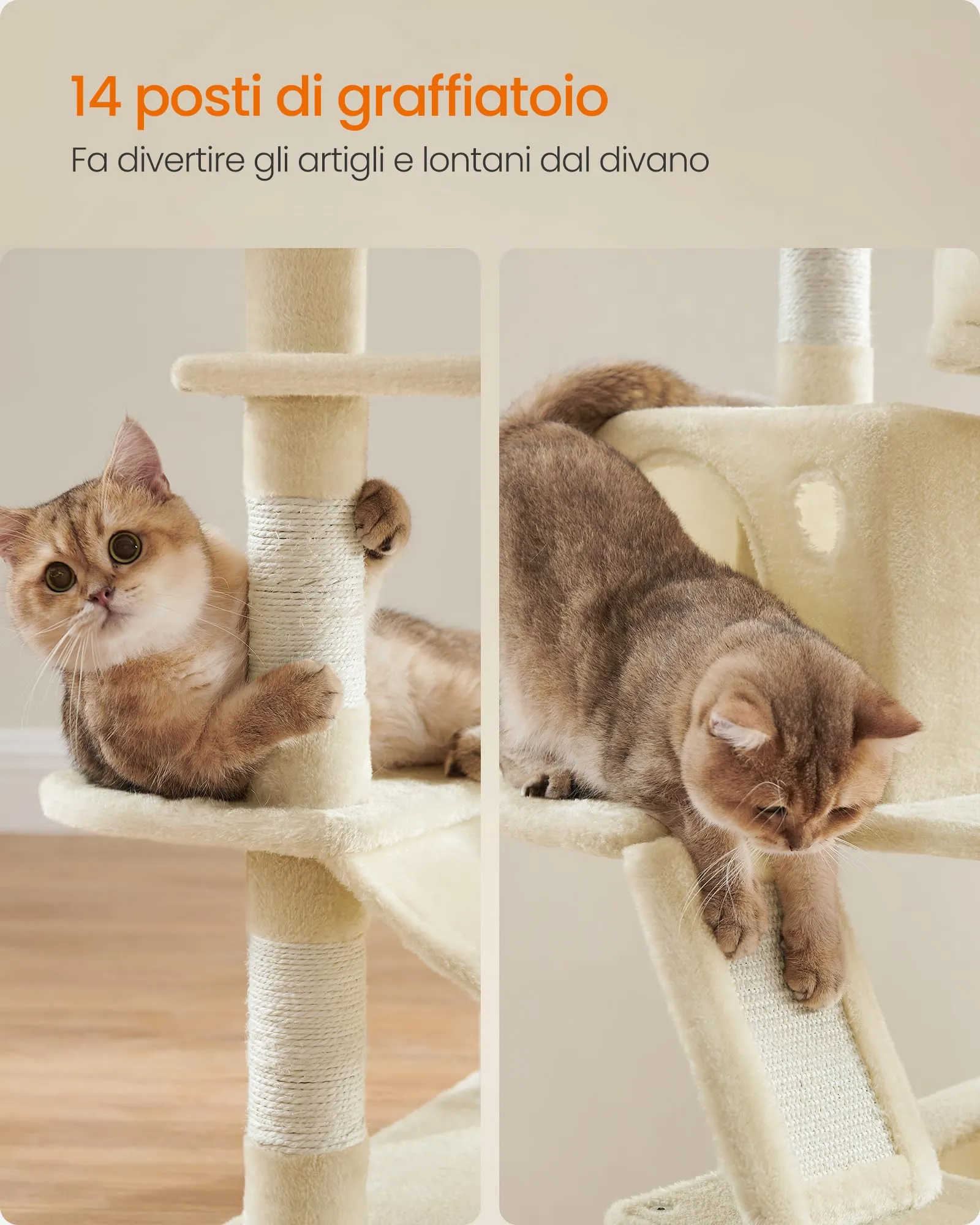 Feandrea Albero per Gatti 168 cm con Tiragraffi, 2 Posatoi, 2 Grotte, Cesto e Amaca, Beige PCT165M01V1 - immagine 6