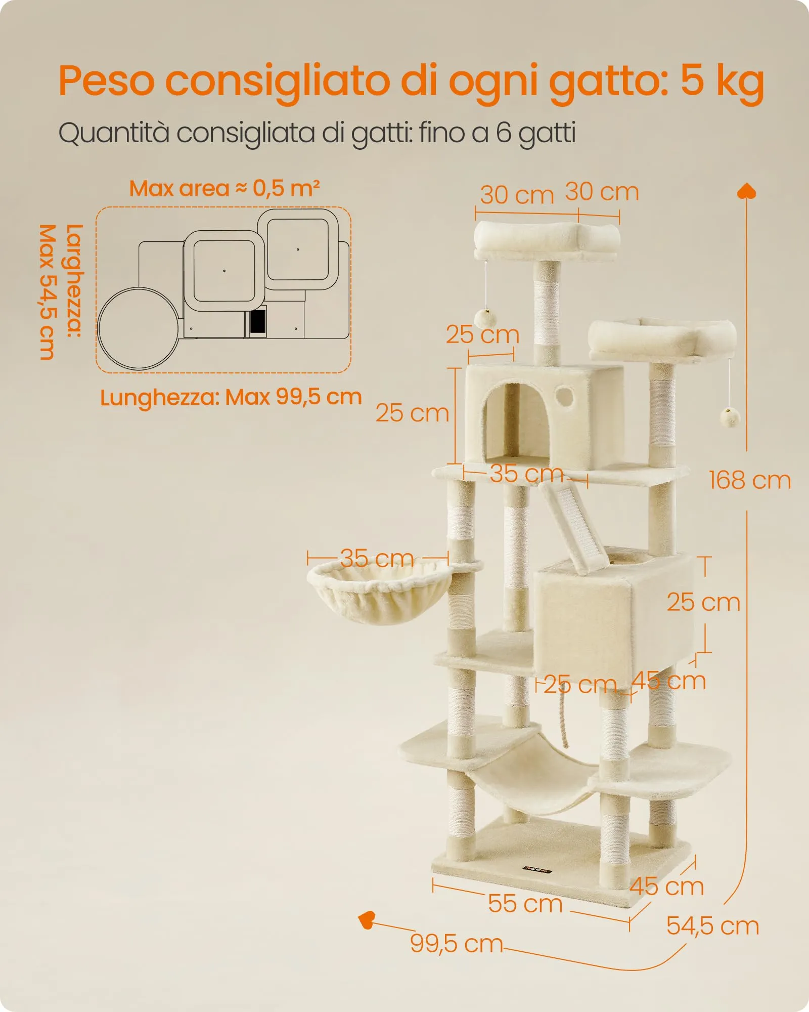 Feandrea Albero per Gatti 168 cm con Tiragraffi, 2 Posatoi, 2 Grotte, Cesto e Amaca, Beige PCT165M01V1 - immagine 7