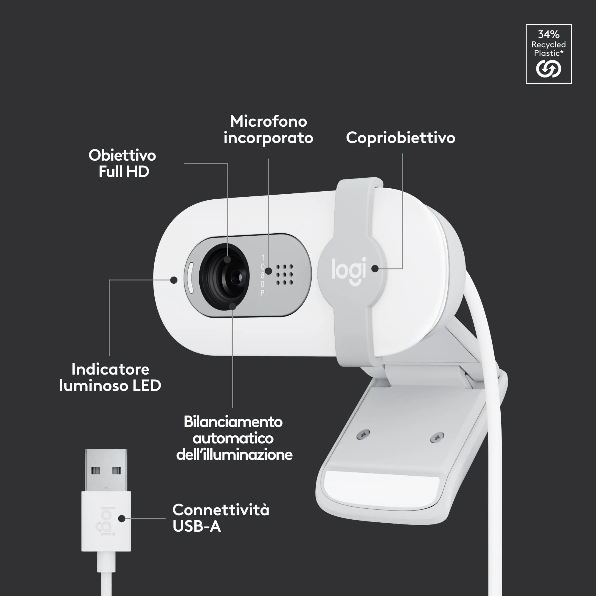 Logitech Brio 100 Full HD Webcam - Bianco - immagine 8