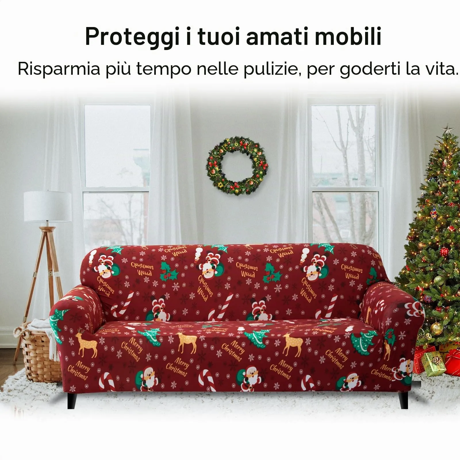 Jaotto Copridivano Natalizio Elasticizzato 3 Posti, Fantasia Xmas Ladro, Antiscivolo e Antimacchia - immagine 4