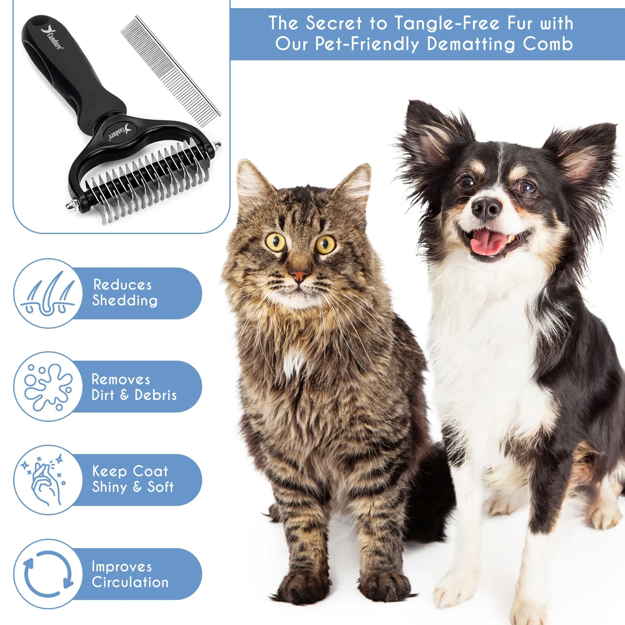 Candure Spazzola per Cani e Gatti in Acciaio Inossidabile, Doppia Faccia 17+9 Denti per Deshedding e Demattatura, Nera - immagine 3