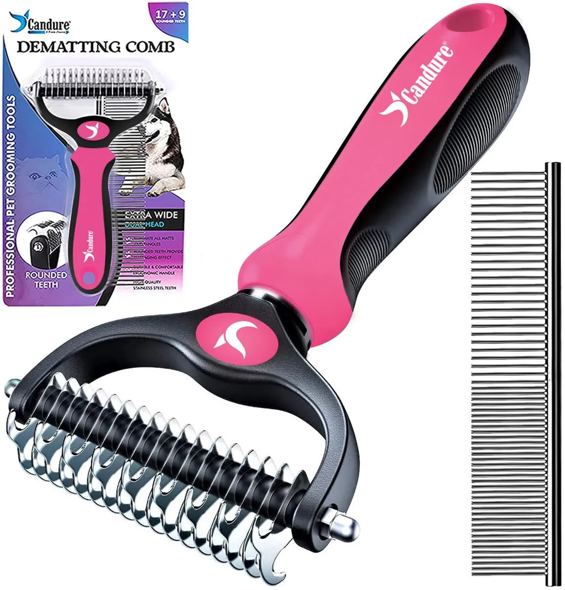 Candure Spazzola per Cani e Gatti in Acciaio Inossidabile Doppia Faccia per Deshedding, Rosa - immagine 1