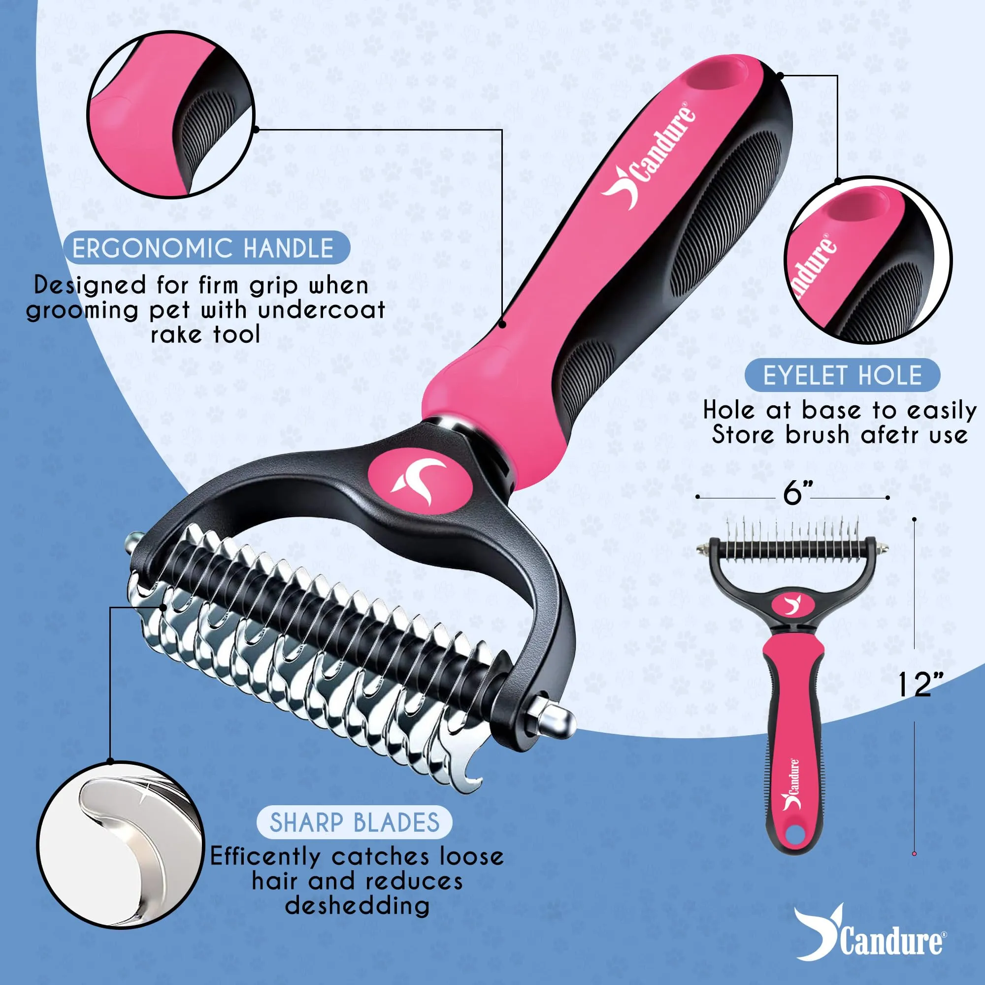 Candure Spazzola per Cani e Gatti in Acciaio Inossidabile Doppia Faccia per Deshedding, Rosa - immagine 2