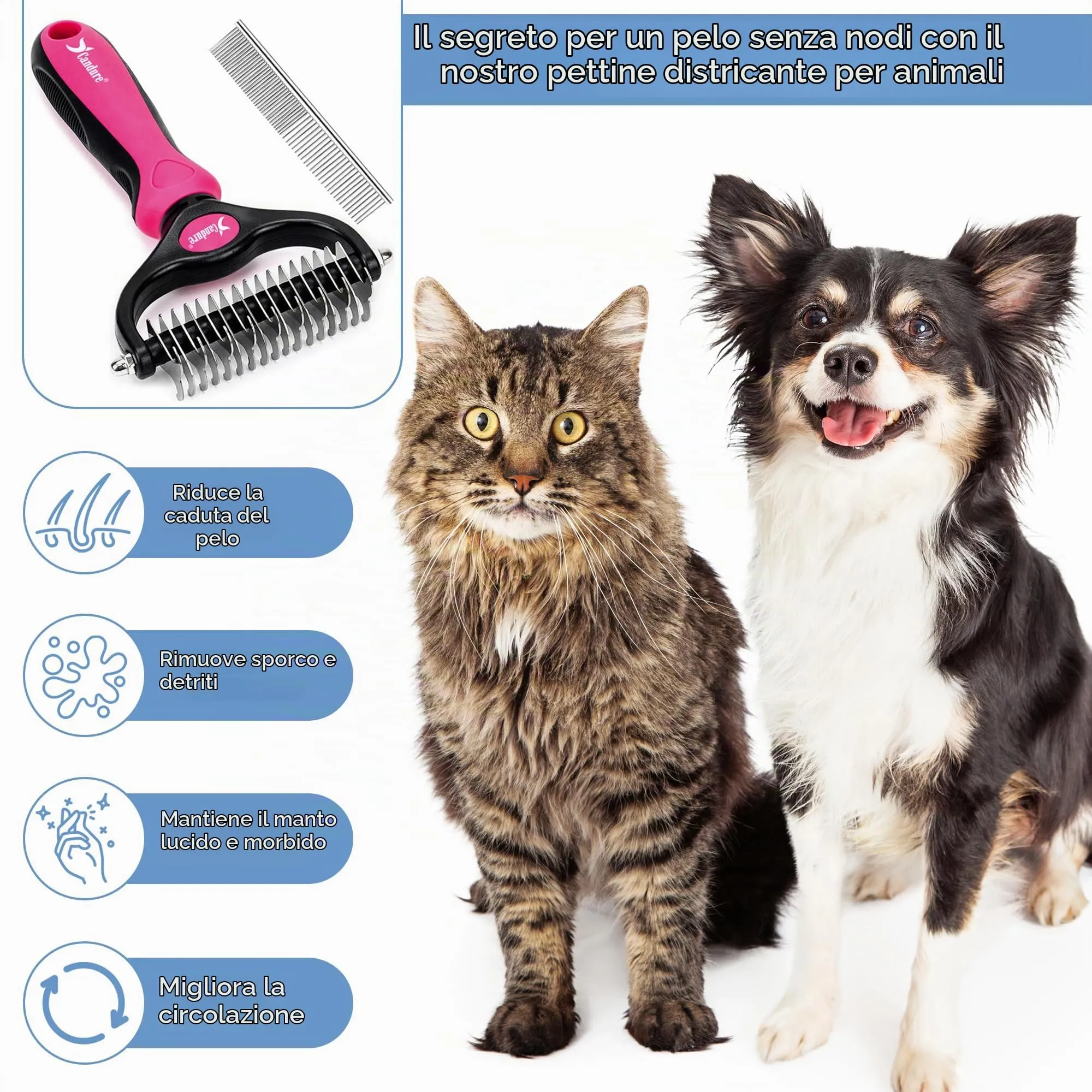 Candure Spazzola per Cani e Gatti in Acciaio Inossidabile Doppia Faccia per Deshedding, Rosa - immagine 3