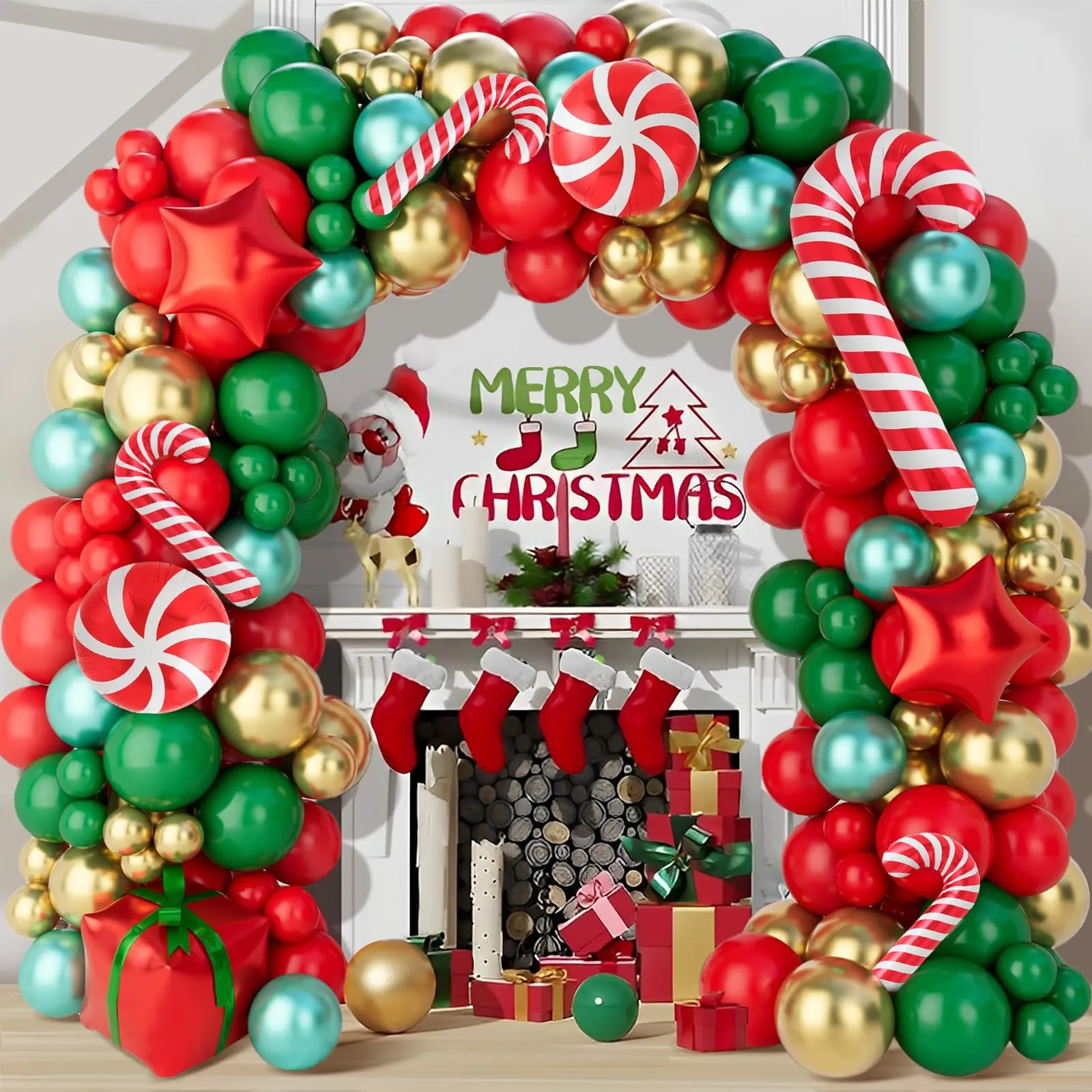 Frigg Kit Arco di Palloncini Natalizi, 150 Pezzi, Rossi, Verdi e Oro con Bastoncini di Zucchero e Stelle - immagine 1