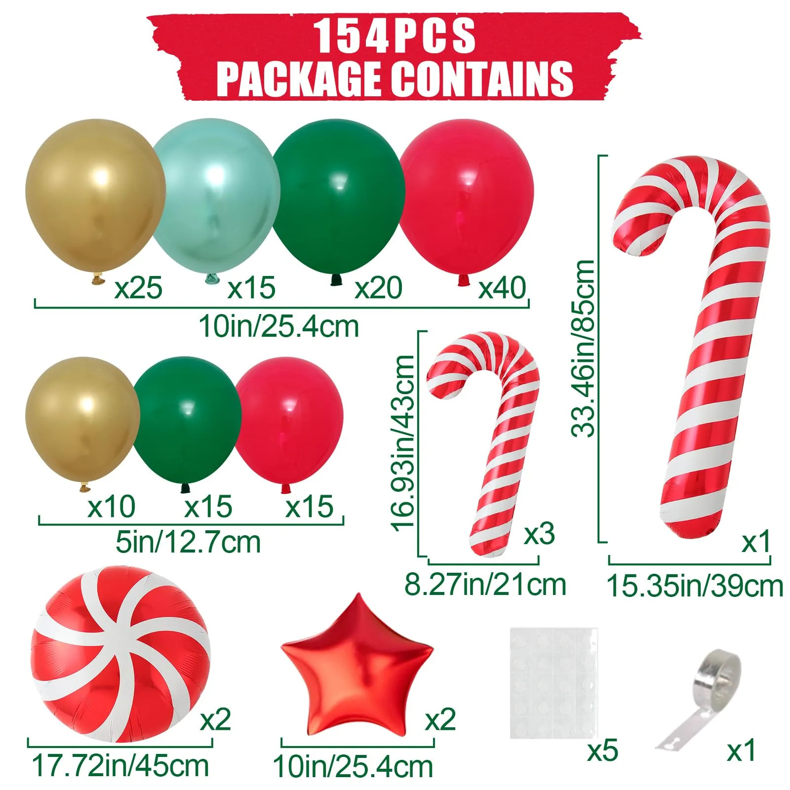 Frigg Kit Arco di Palloncini Natalizi, 150 Pezzi, Rossi, Verdi e Oro con Bastoncini di Zucchero e Stelle - immagine 2