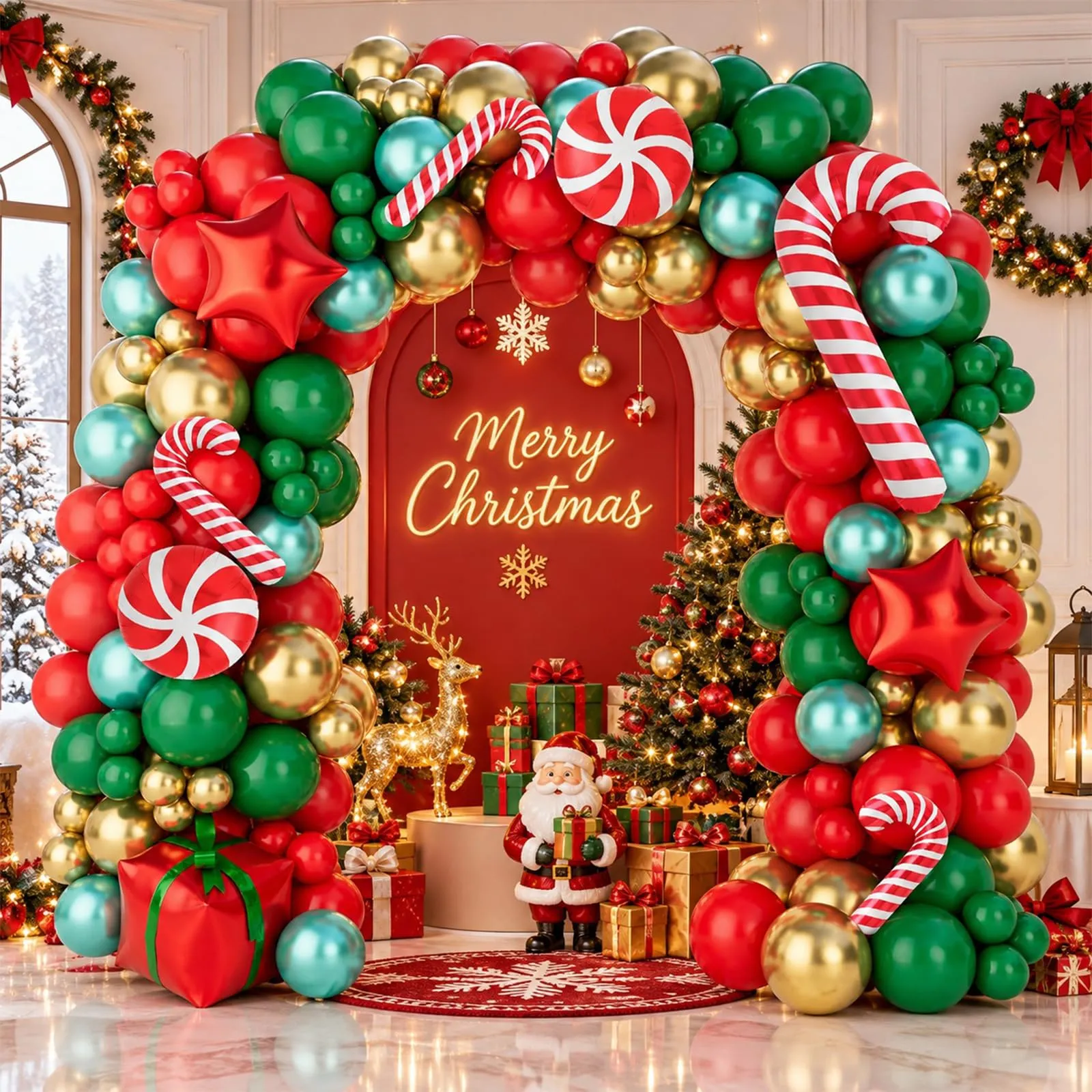 Frigg Kit Arco di Palloncini Natalizi, 150 Pezzi, Rossi, Verdi e Oro con Bastoncini di Zucchero e Stelle - immagine 3