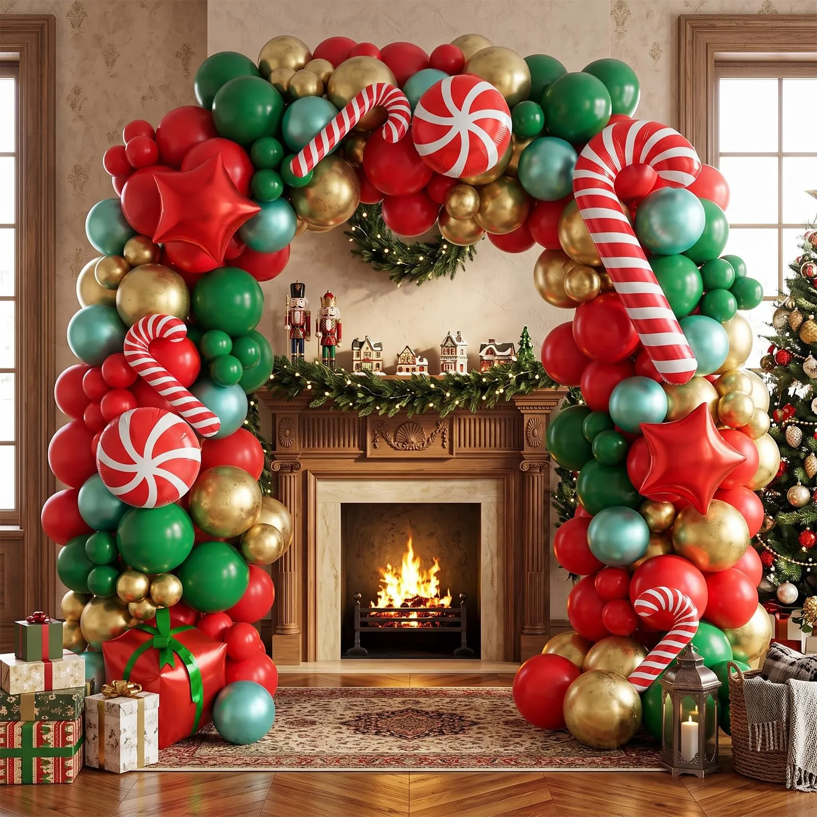 Frigg Kit Arco di Palloncini Natalizi, 150 Pezzi, Rossi, Verdi e Oro con Bastoncini di Zucchero e Stelle - immagine 4