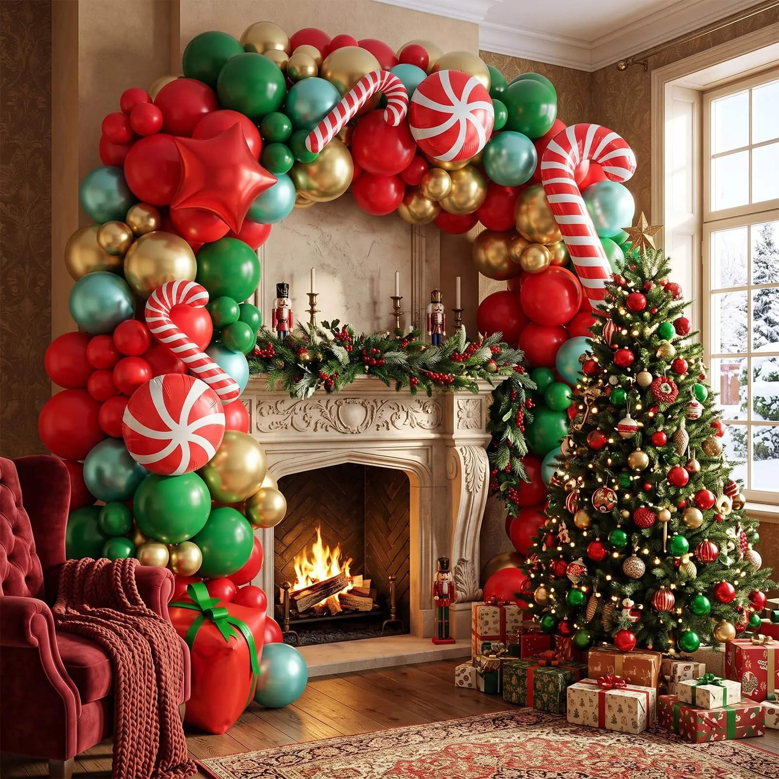 Frigg Kit Arco di Palloncini Natalizi, 150 Pezzi, Rossi, Verdi e Oro con Bastoncini di Zucchero e Stelle - immagine 5