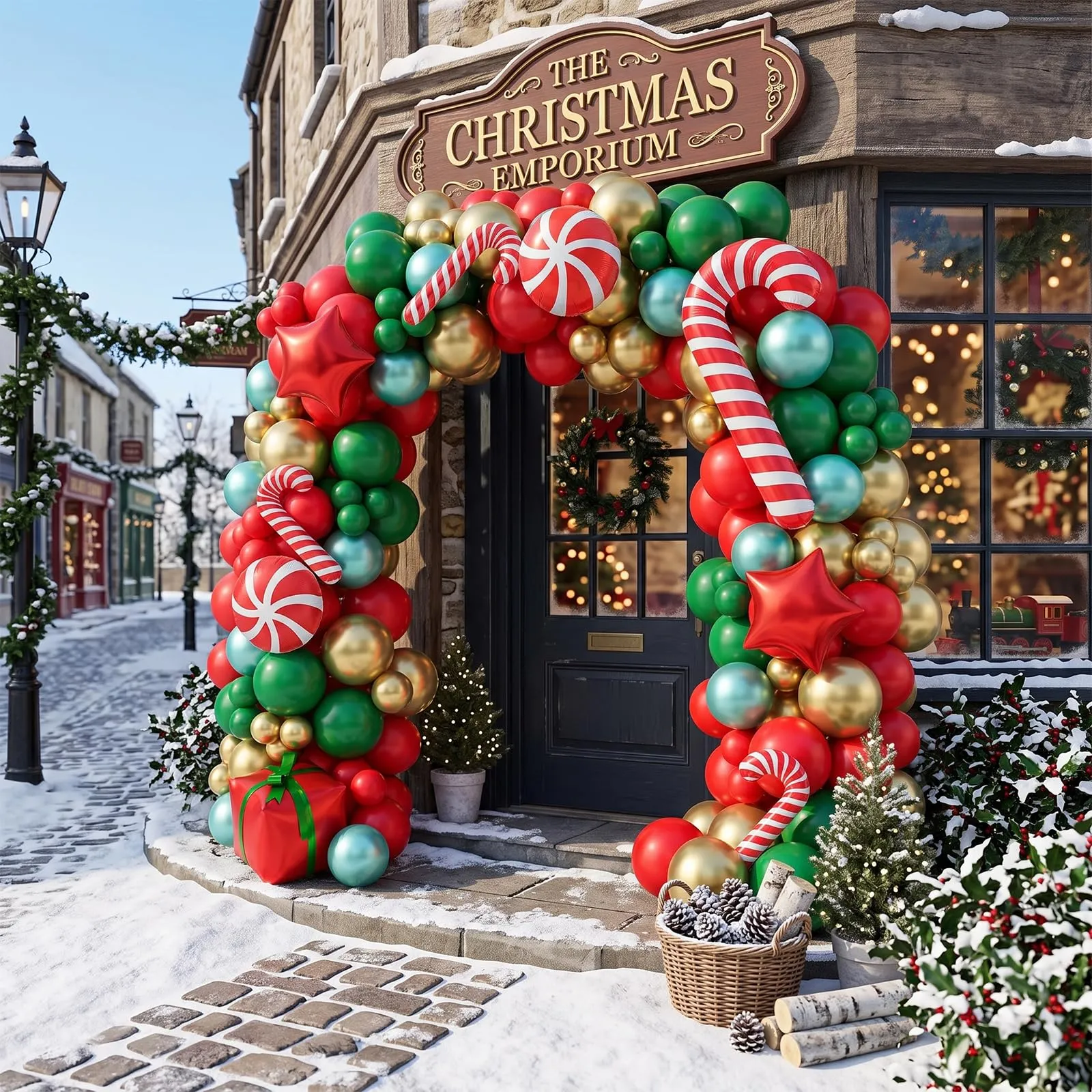 Frigg Kit Arco di Palloncini Natalizi, 150 Pezzi, Rossi, Verdi e Oro con Bastoncini di Zucchero e Stelle - immagine 6