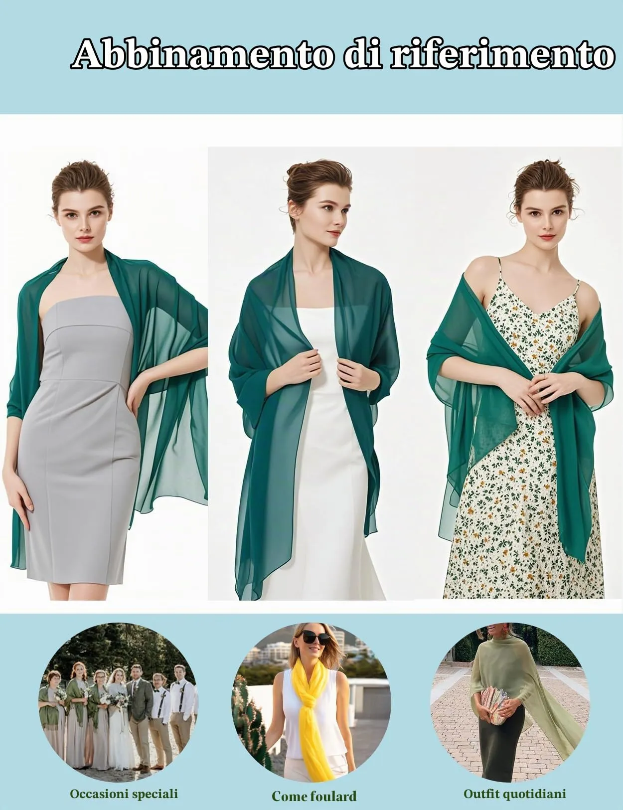 BEAUTELICATE Scialle Stola Donna in Chiffon Teal Blue - Taglia unica - immagine 6