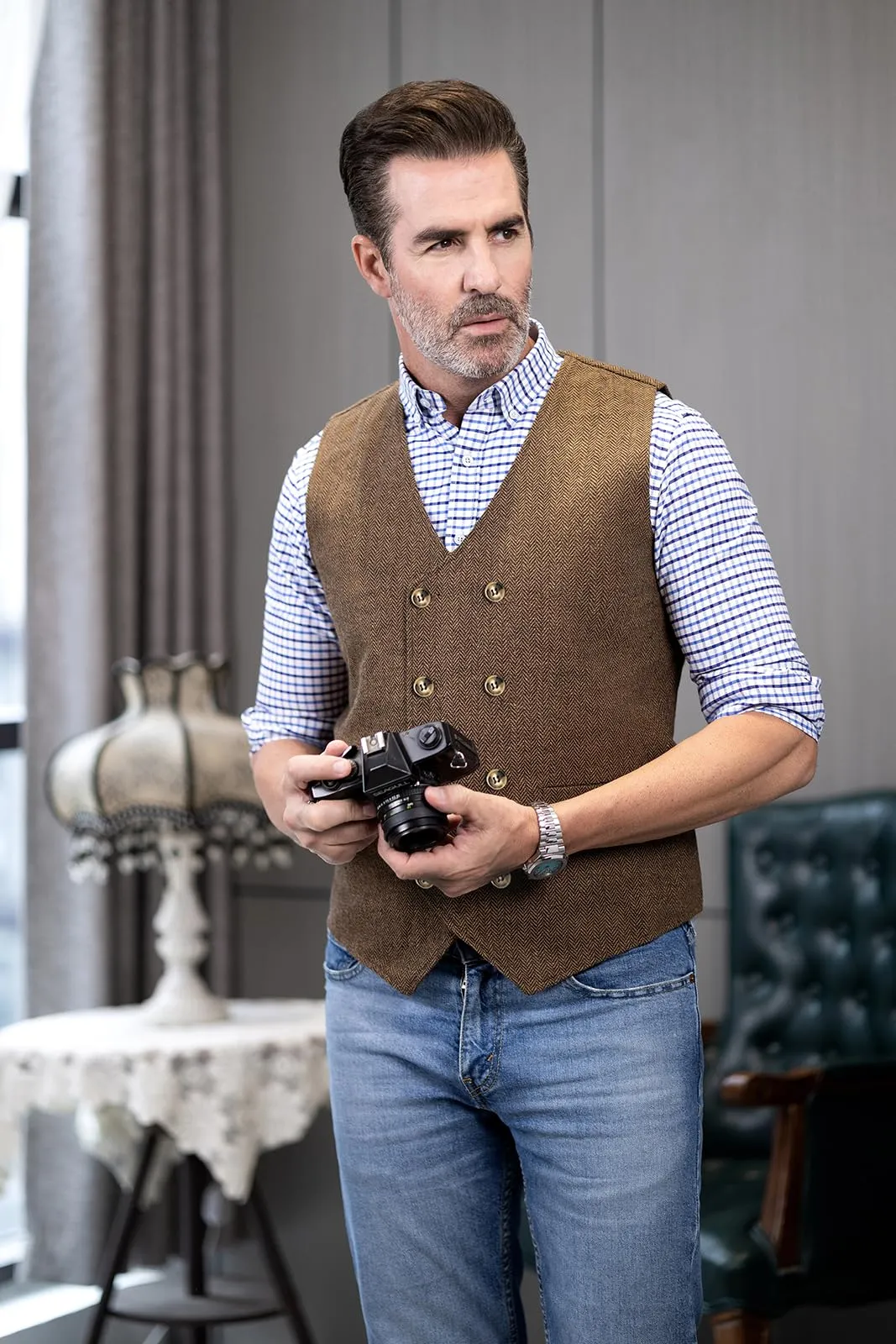 Solovedress Gilet da uomo in lana a righe, grigio, L - immagine 5