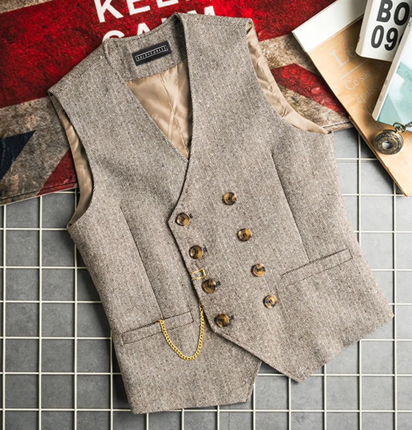 Solovedress Gilet da uomo vintage in lana a righe, argento, L - immagine 5