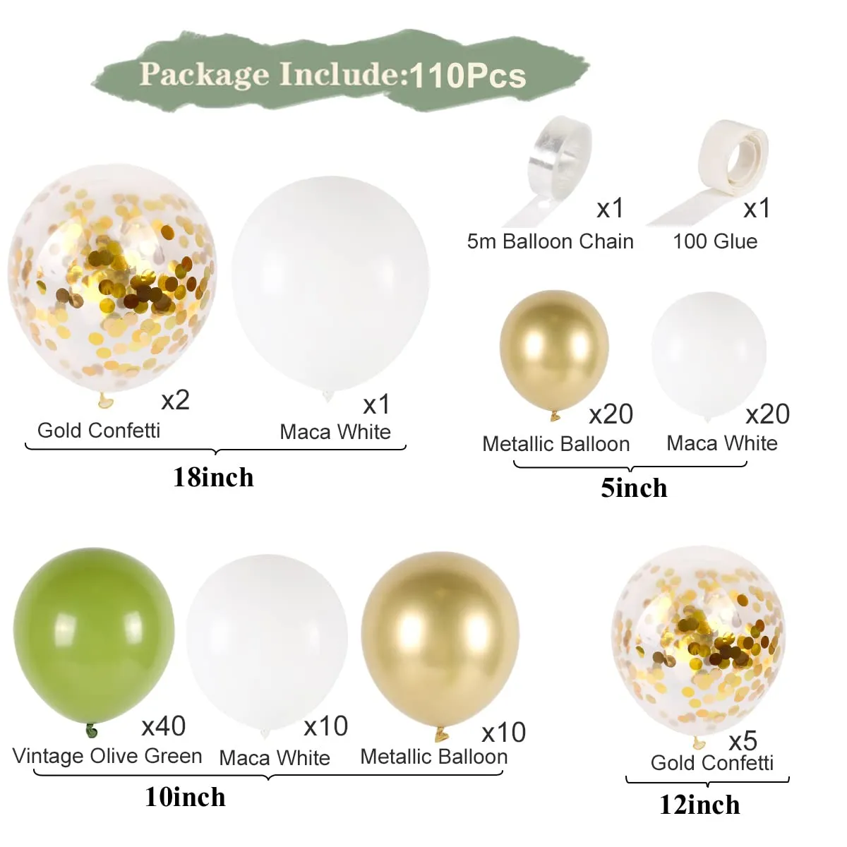 Frigg Kit Arco Palloncini Verde Salvia, 110 Pezzi, Verde e Oro - immagine 2