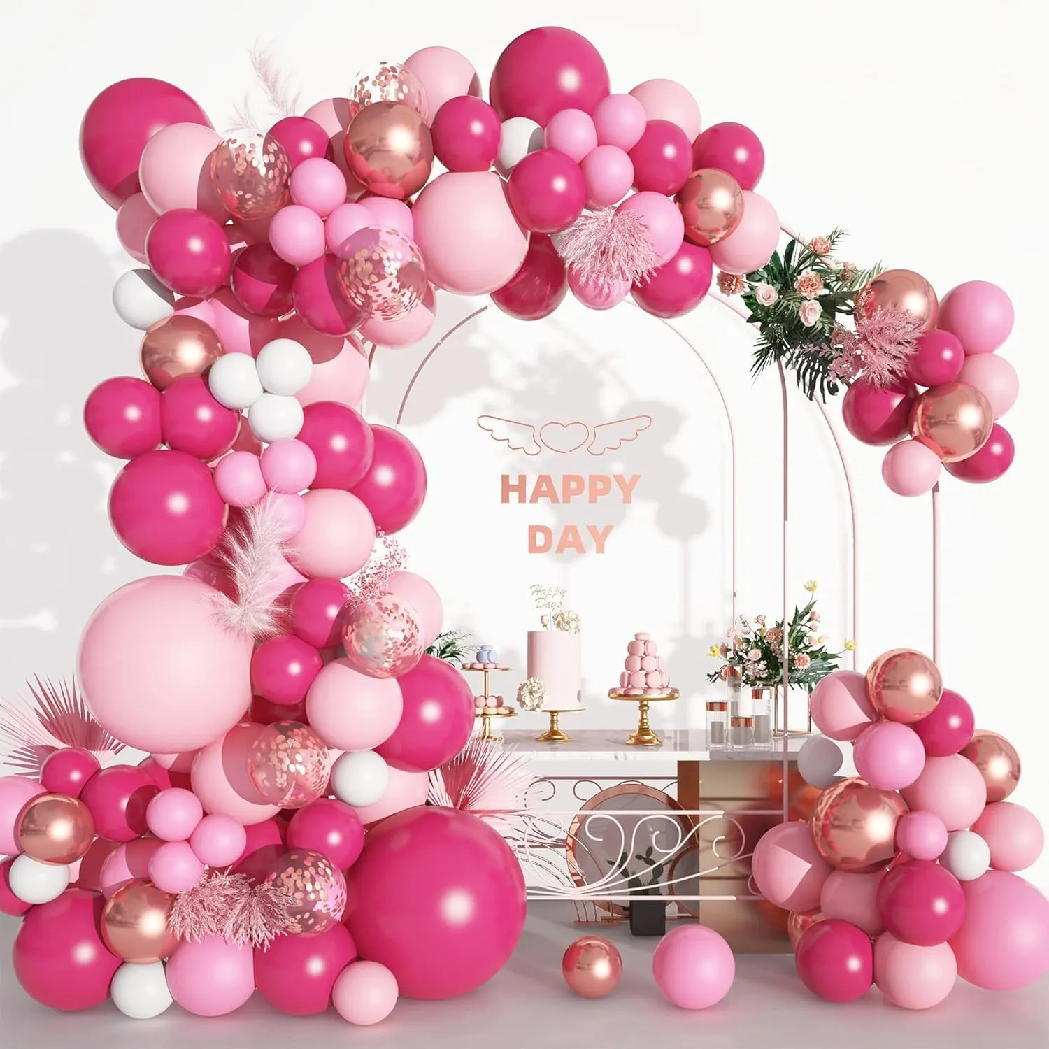 Frigg Kit Arco di Palloncini Rosa Fucsia, Oro Rosa e Bianco, 106 Pezzi - immagine 3