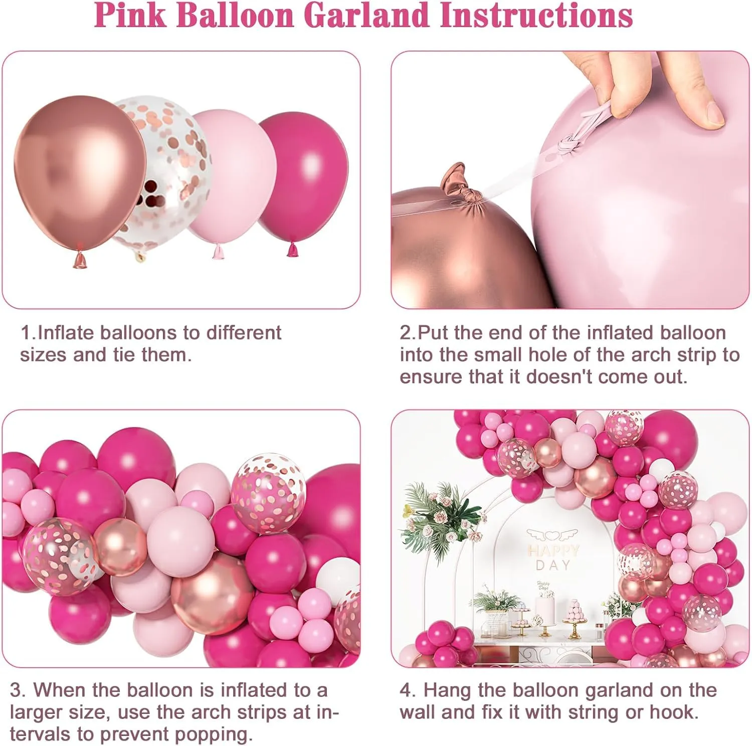 Frigg Kit Arco di Palloncini Rosa Fucsia, Oro Rosa e Bianco, 106 Pezzi - immagine 5