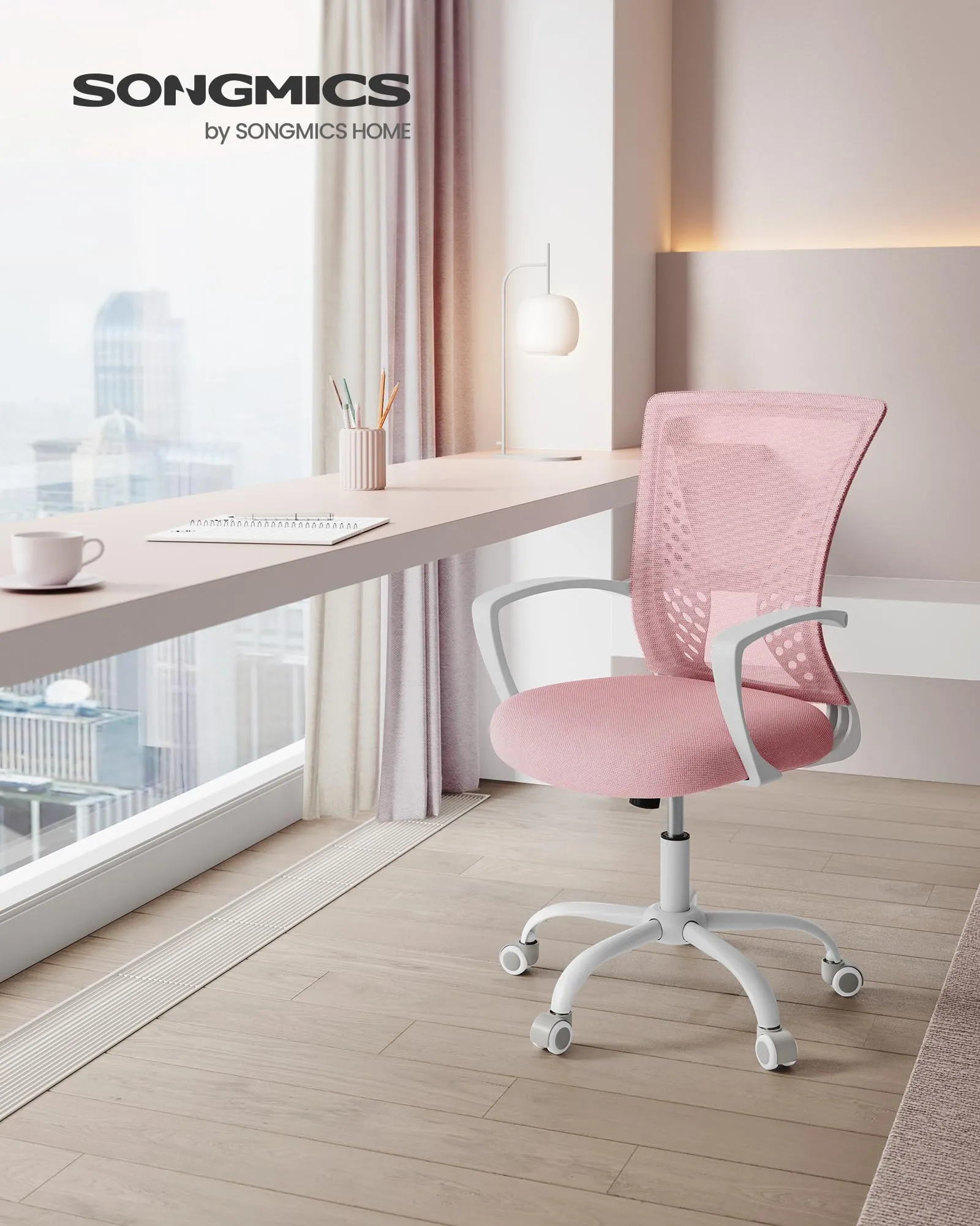 SONGMICS Sedia da Ufficio Girevole Regolabile in Altezza e Inclinazione, Rete Respirante, Rosa Gelatina OBN022R02 - immagine 2