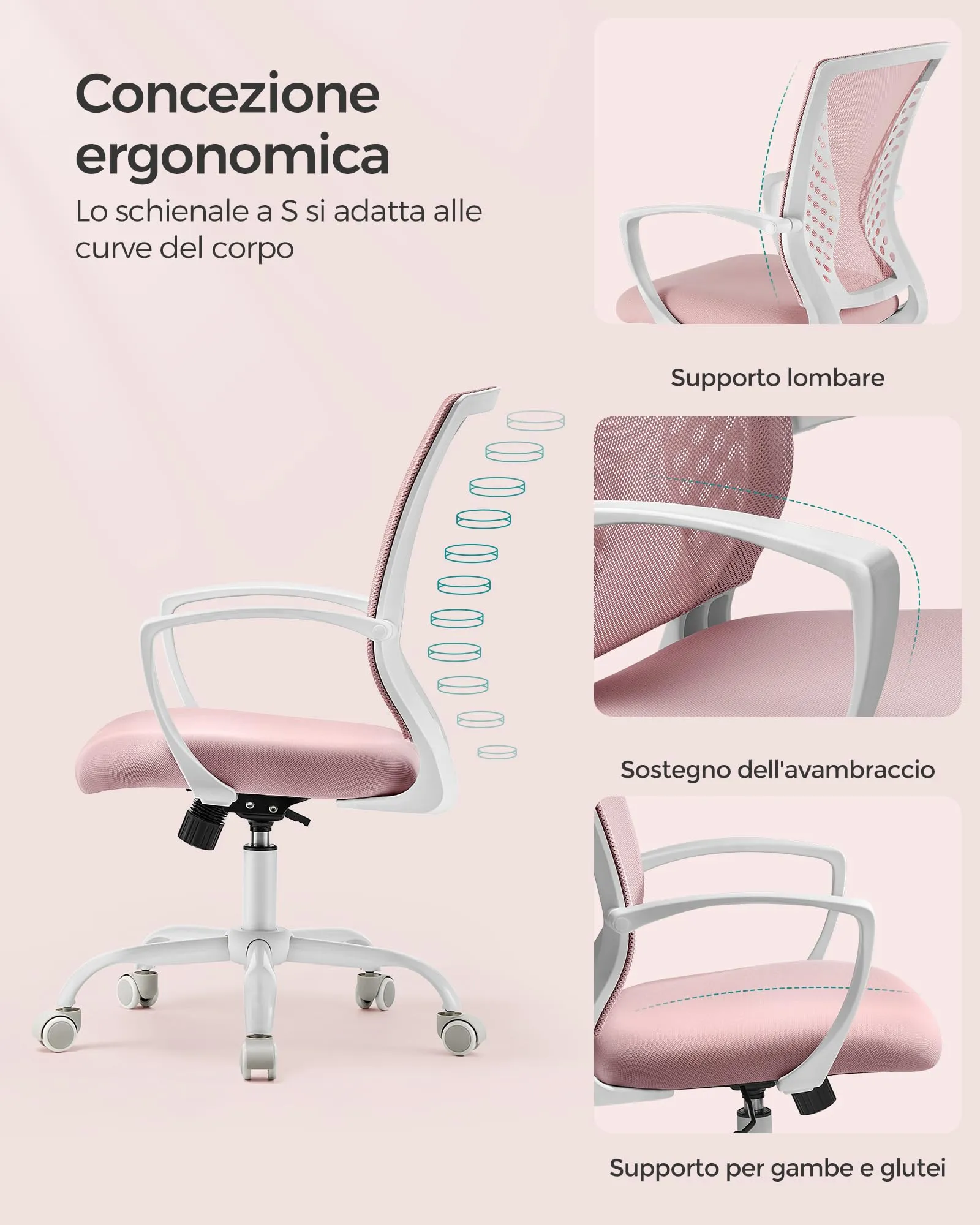 SONGMICS Sedia da Ufficio Girevole Regolabile in Altezza e Inclinazione, Rete Respirante, Rosa Gelatina OBN022R02 - immagine 3