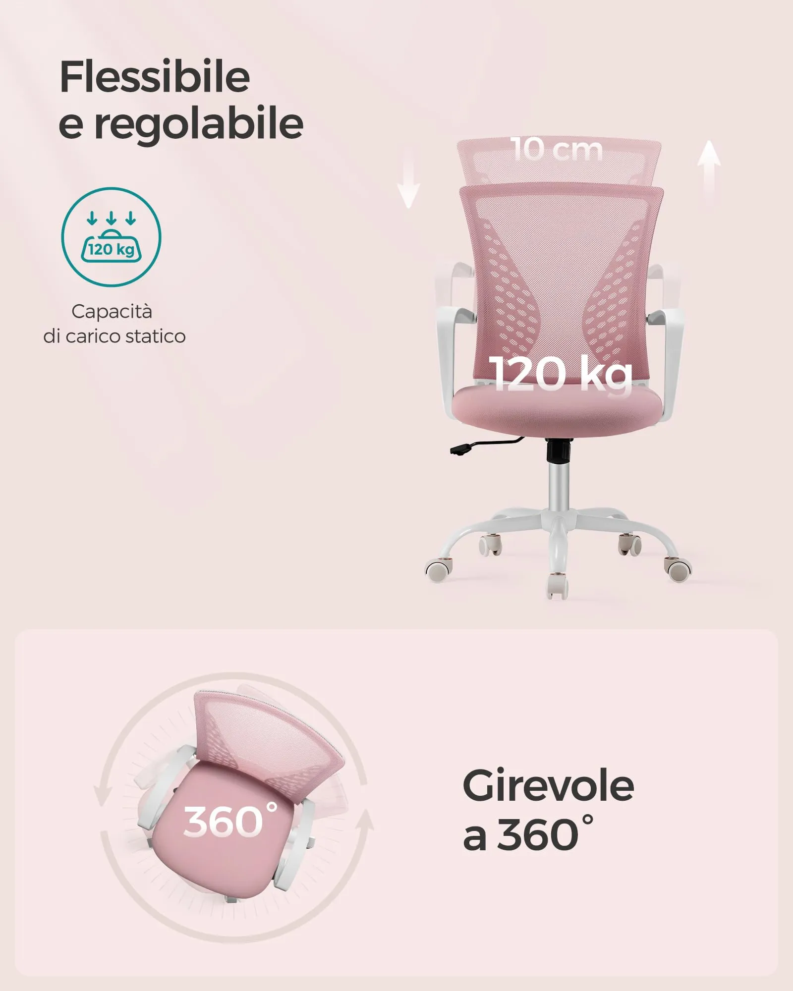 SONGMICS Sedia da Ufficio Girevole Regolabile in Altezza e Inclinazione, Rete Respirante, Rosa Gelatina OBN022R02 - immagine 4