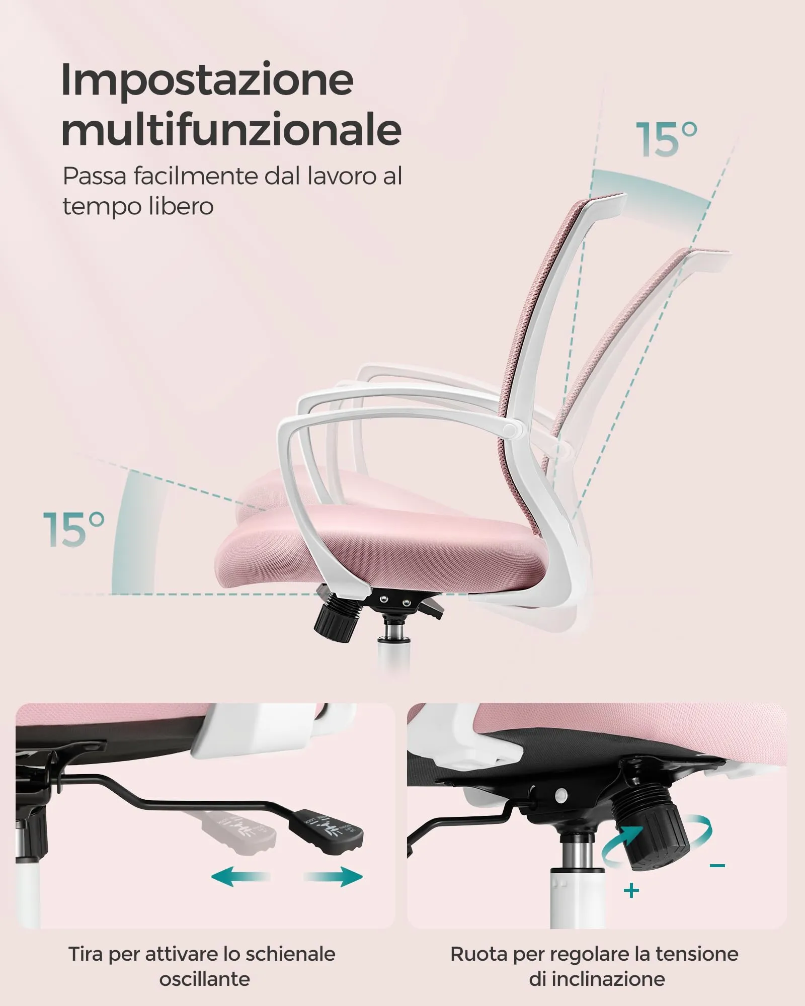 SONGMICS Sedia da Ufficio Girevole Regolabile in Altezza e Inclinazione, Rete Respirante, Rosa Gelatina OBN022R02 - immagine 5