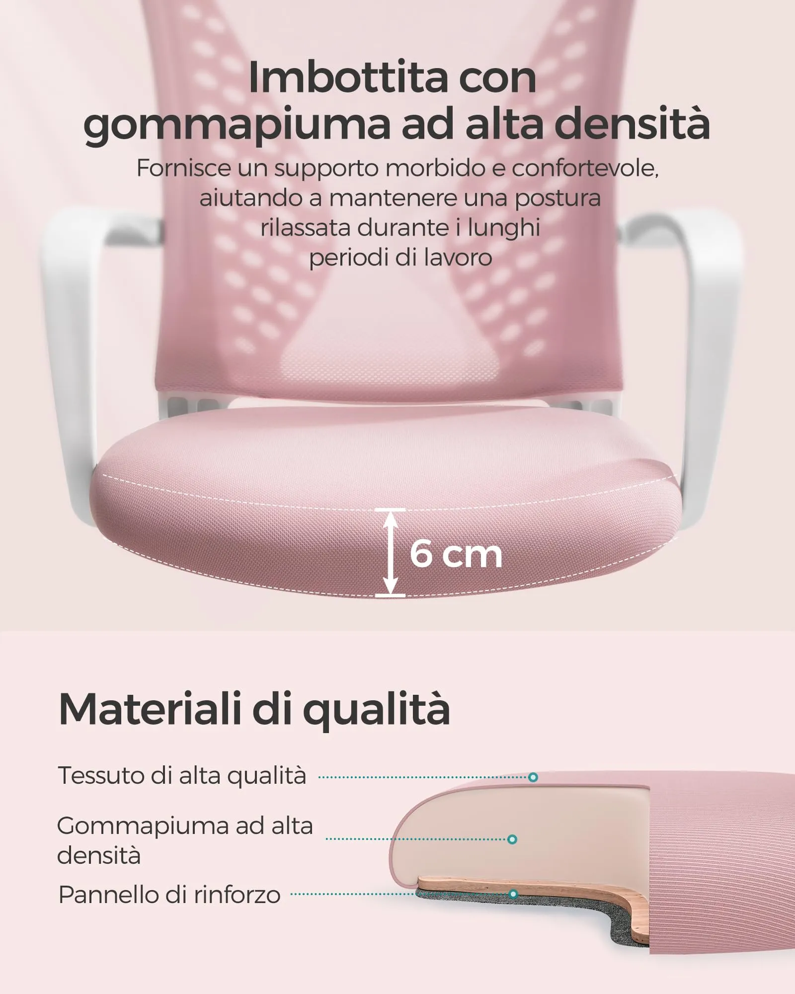 SONGMICS Sedia da Ufficio Girevole Regolabile in Altezza e Inclinazione, Rete Respirante, Rosa Gelatina OBN022R02 - immagine 6