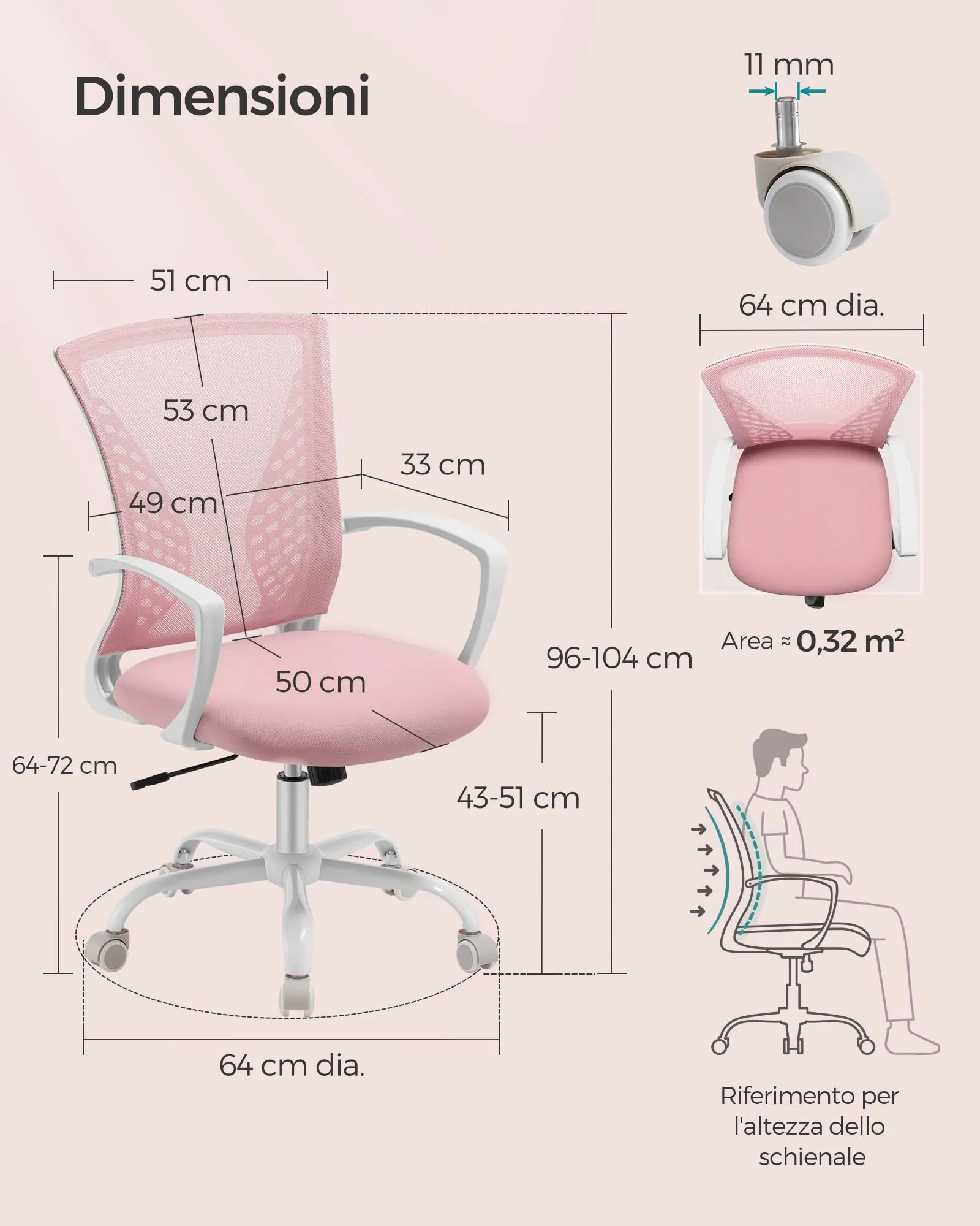 SONGMICS Sedia da Ufficio Girevole Regolabile in Altezza e Inclinazione, Rete Respirante, Rosa Gelatina OBN022R02 - immagine 8