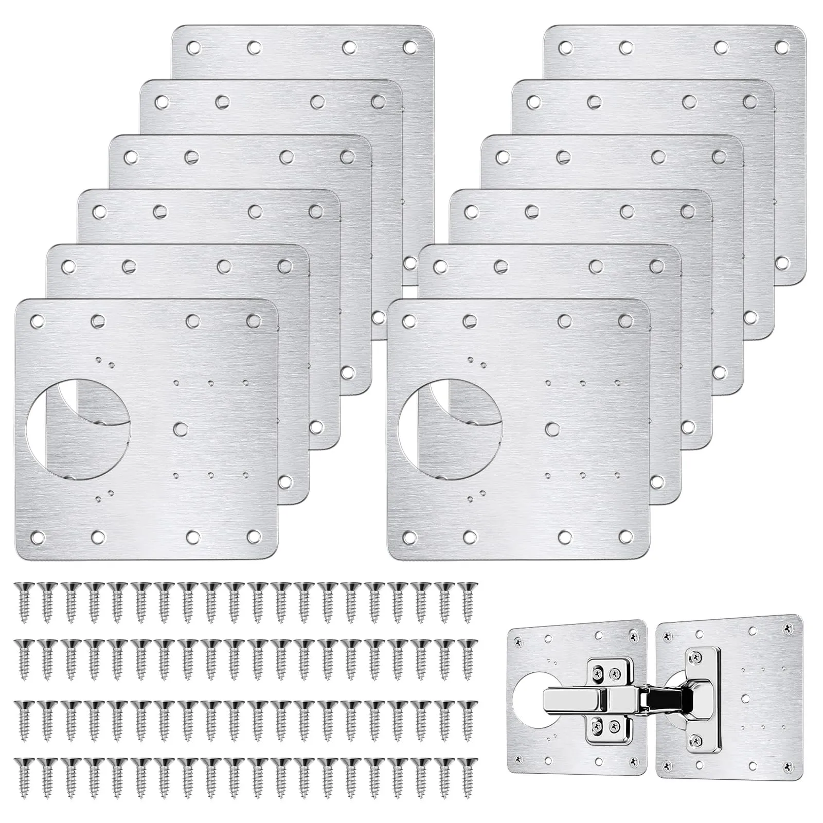 Flintronic Piastra di Riparazione per Cerniere, Acciaio Inossidabile, 90x90mm, 12 Pezzi con 80 Viti - immagine 1