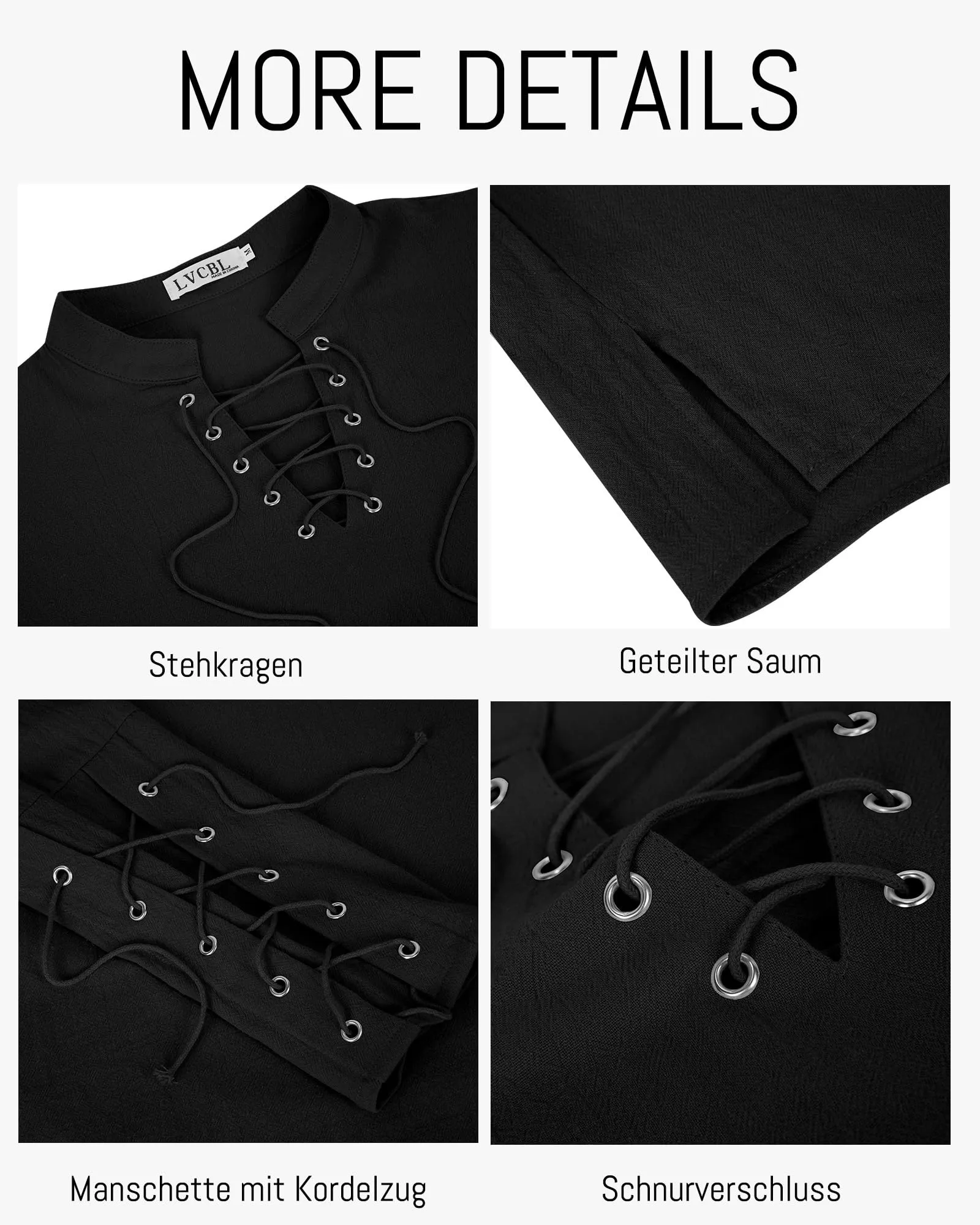 LVCBL Camicia Uomo Medievale Collo Coreano in Cotone e Lino, Nero, L - immagine 6