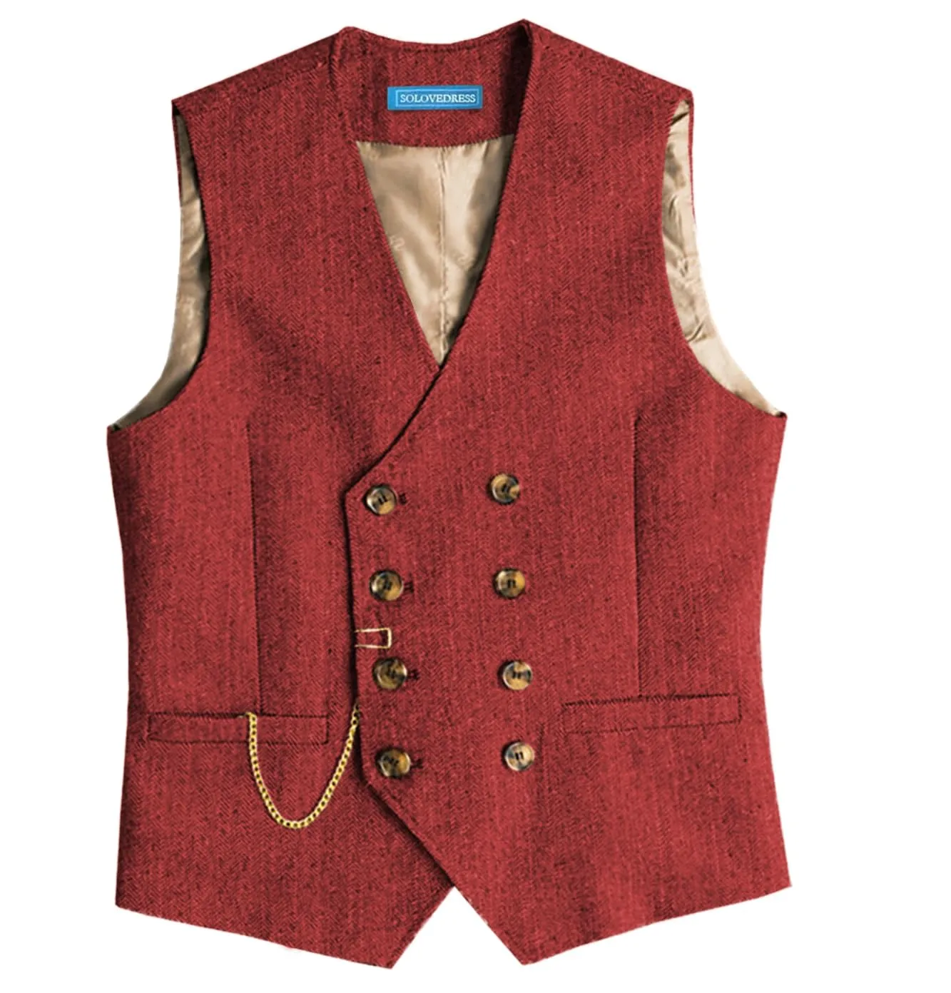 Solovedress Gilet da uomo vintage in tweed doppiopetto, Rosso, L - immagine 1