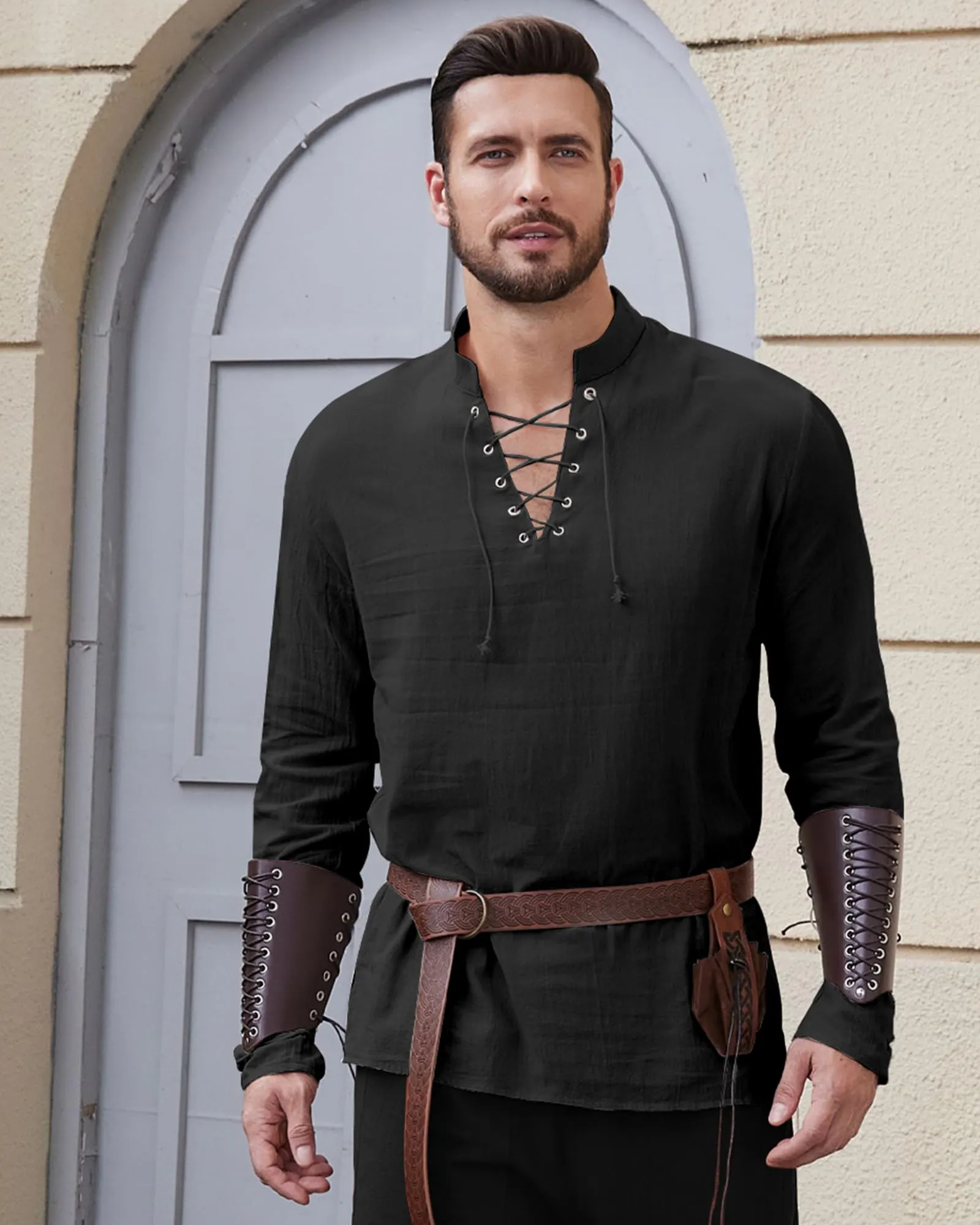 LVCBL Camicia Uomo in Lino e Cotone Stile Medievale con Lacci, Nero, M - immagine 3