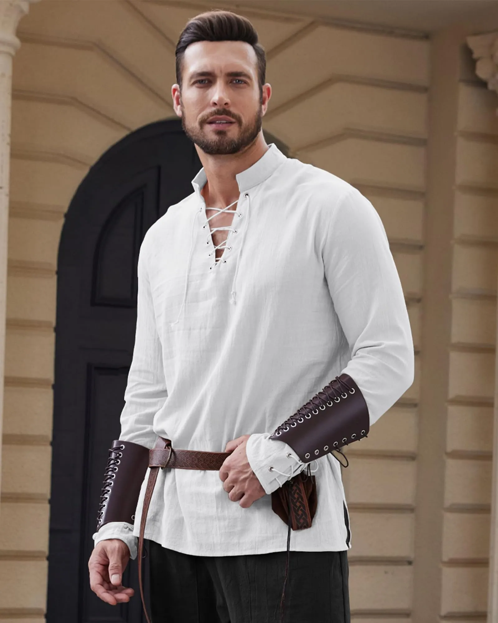 LVCBL Camicia Uomo in Cotone e Lino con Collo alla Coreana, Bianco, M - immagine 2