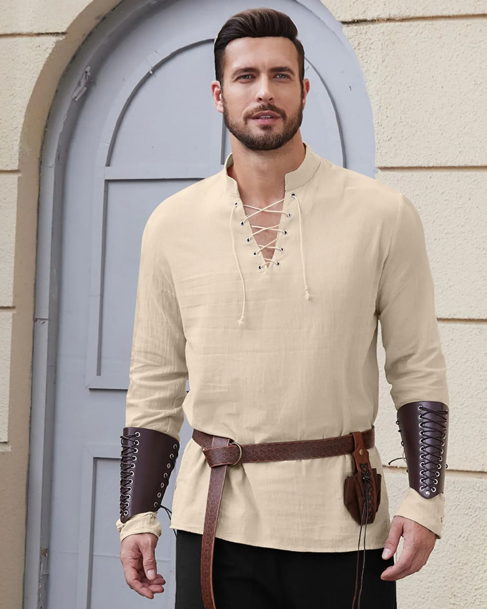 LVCBL Camicia Uomo in Cotone e Lino con Lacci e Collo V, Kaki, L - immagine 3