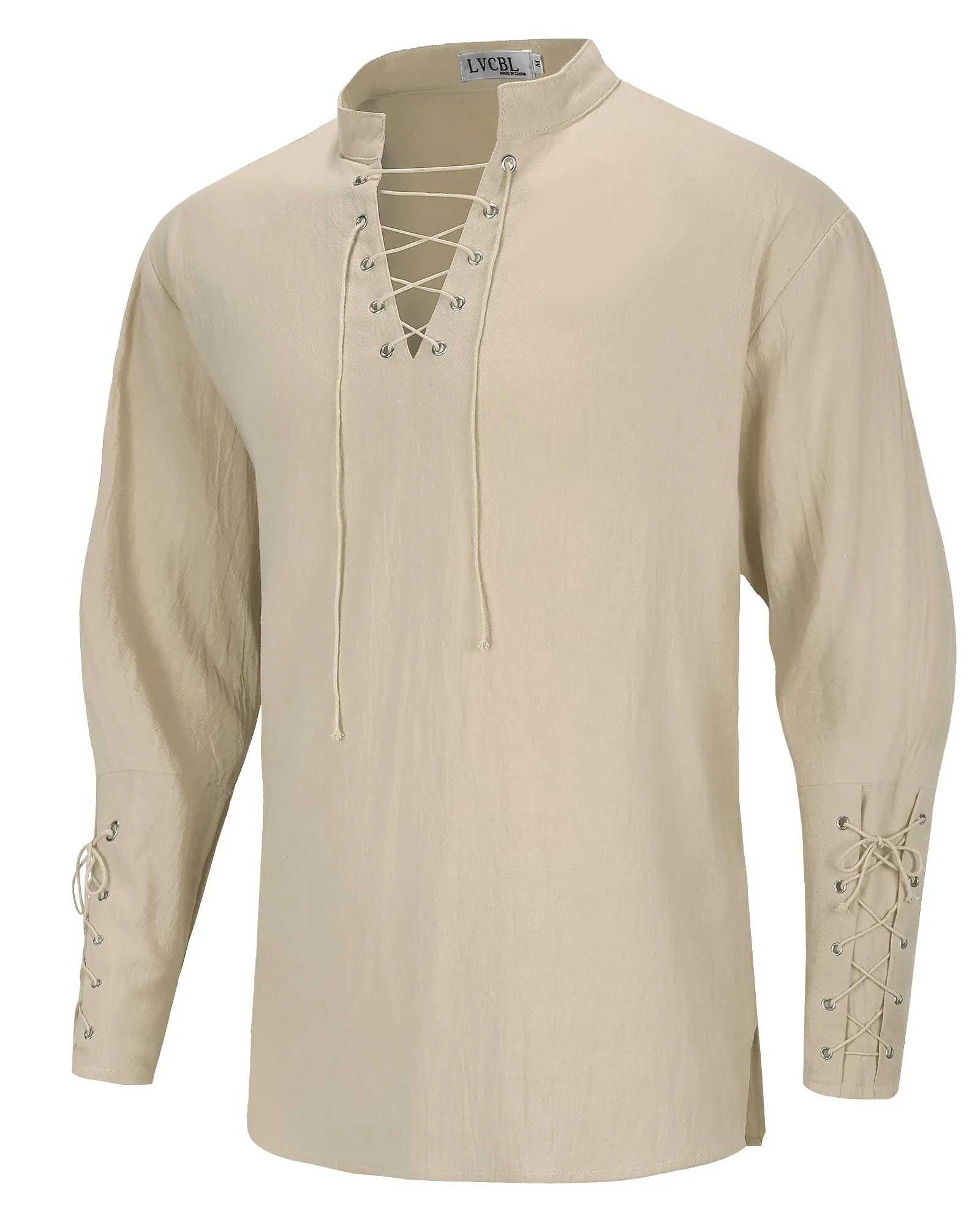 LVCBL Camicia Uomo in Cotone e Lino con Lacci e Collo V, Kaki, L - immagine 4