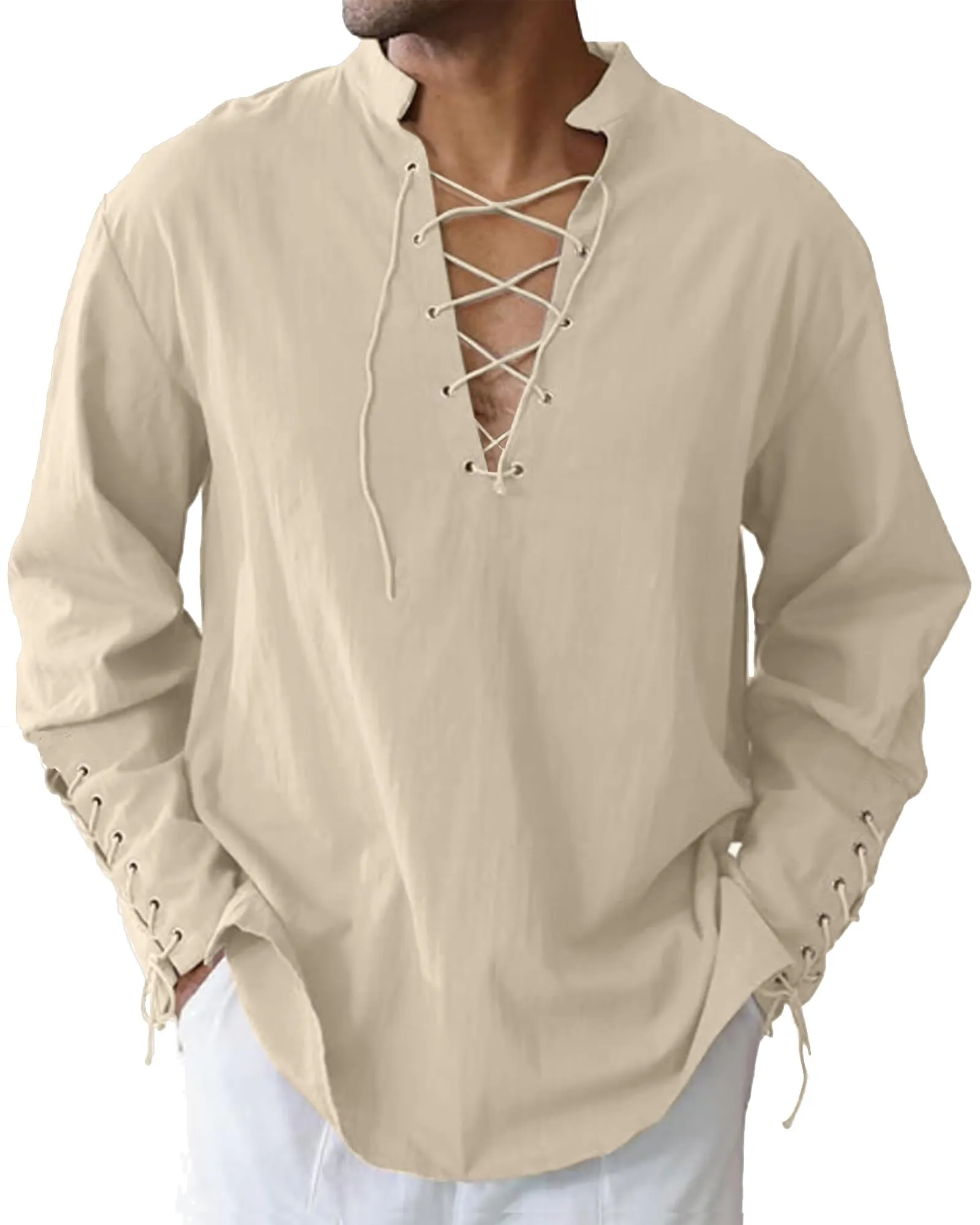 LVCBL Camicia Uomo in Lino e Cotone Stile Antico, Kaki, M - immagine 1
