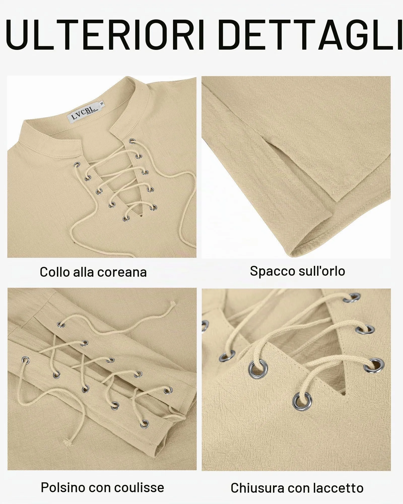 LVCBL Camicia Uomo in Lino e Cotone Stile Antico, Kaki, M - immagine 6