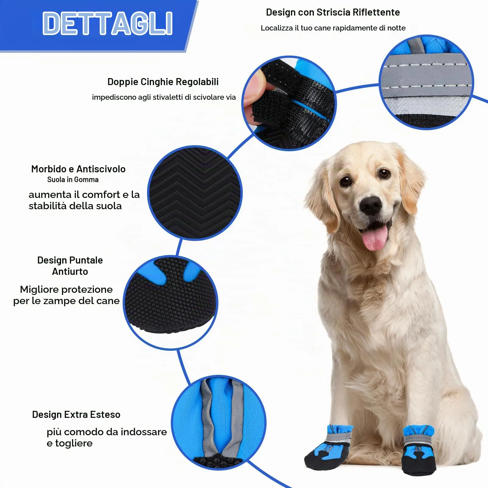 QKURT Stivali per Cani Impermeabili Antiscivolo con Cinghie Riflettenti, Taglia S, Blu - immagine 3