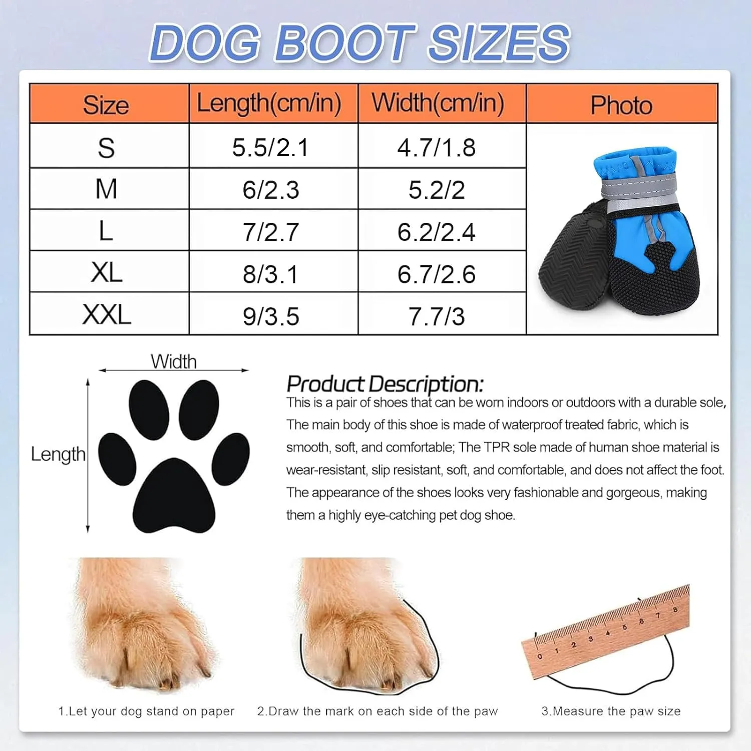 QKURT Stivali per Cani Impermeabili Antiscivolo con Cinghie Riflettenti, Taglia M, Blu - immagine 2