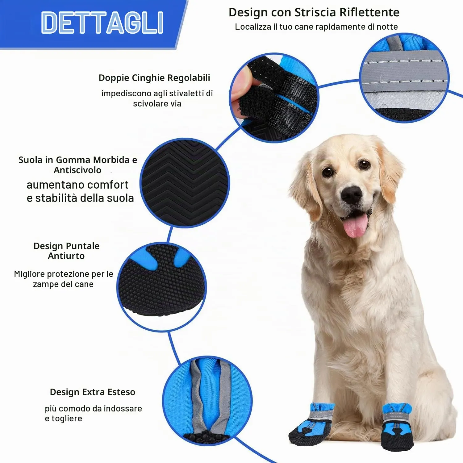 QKURT Stivali per Cani Impermeabili Antiscivolo con Cinghie Riflettenti, Taglia M, Blu - immagine 3